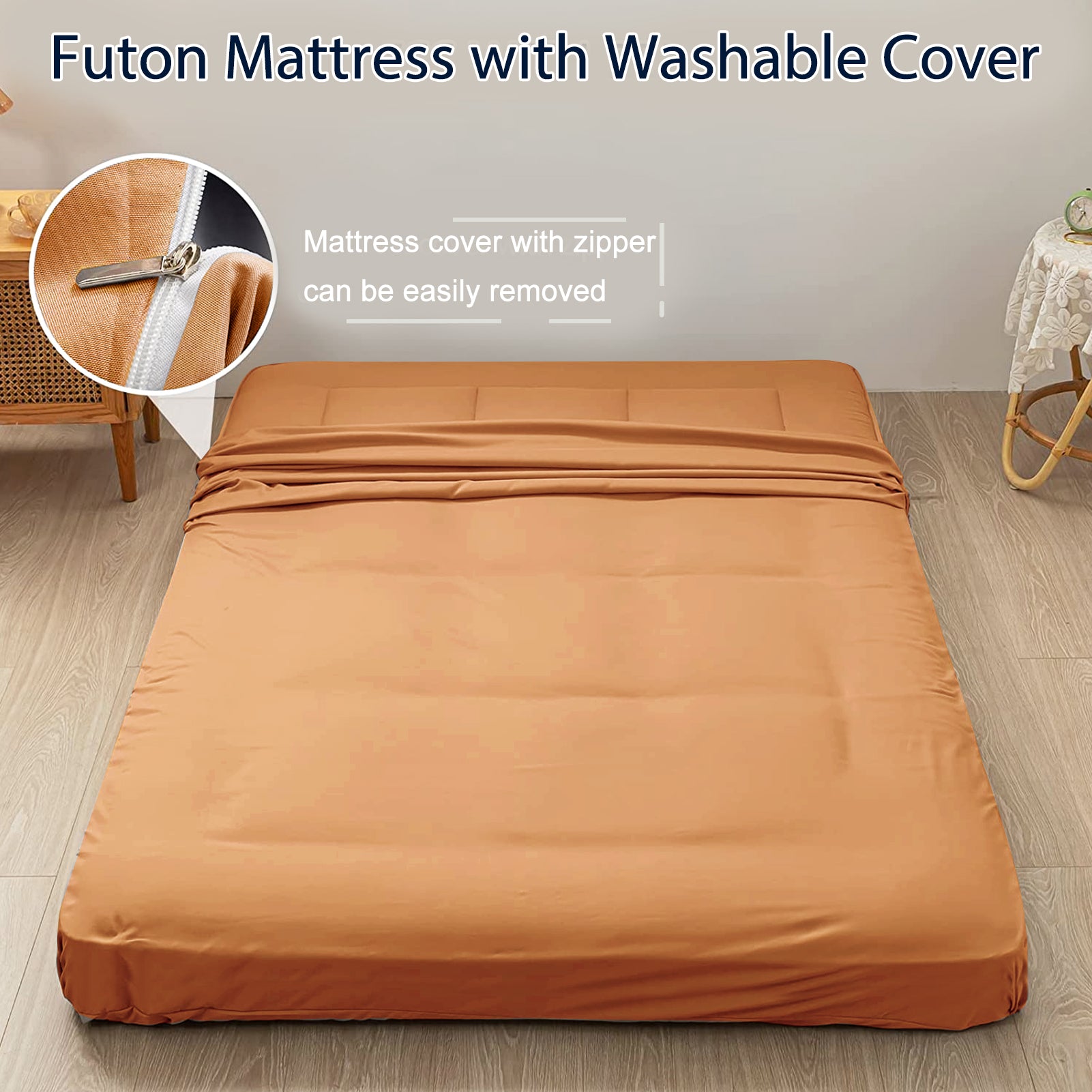 MAXYOYO 6-Inch Extra Thick Floor Futon Mattress - Light Brown | Foldable Guest Bed & Floor Cushion for Small Spaces, Dorm Rooms & Camping