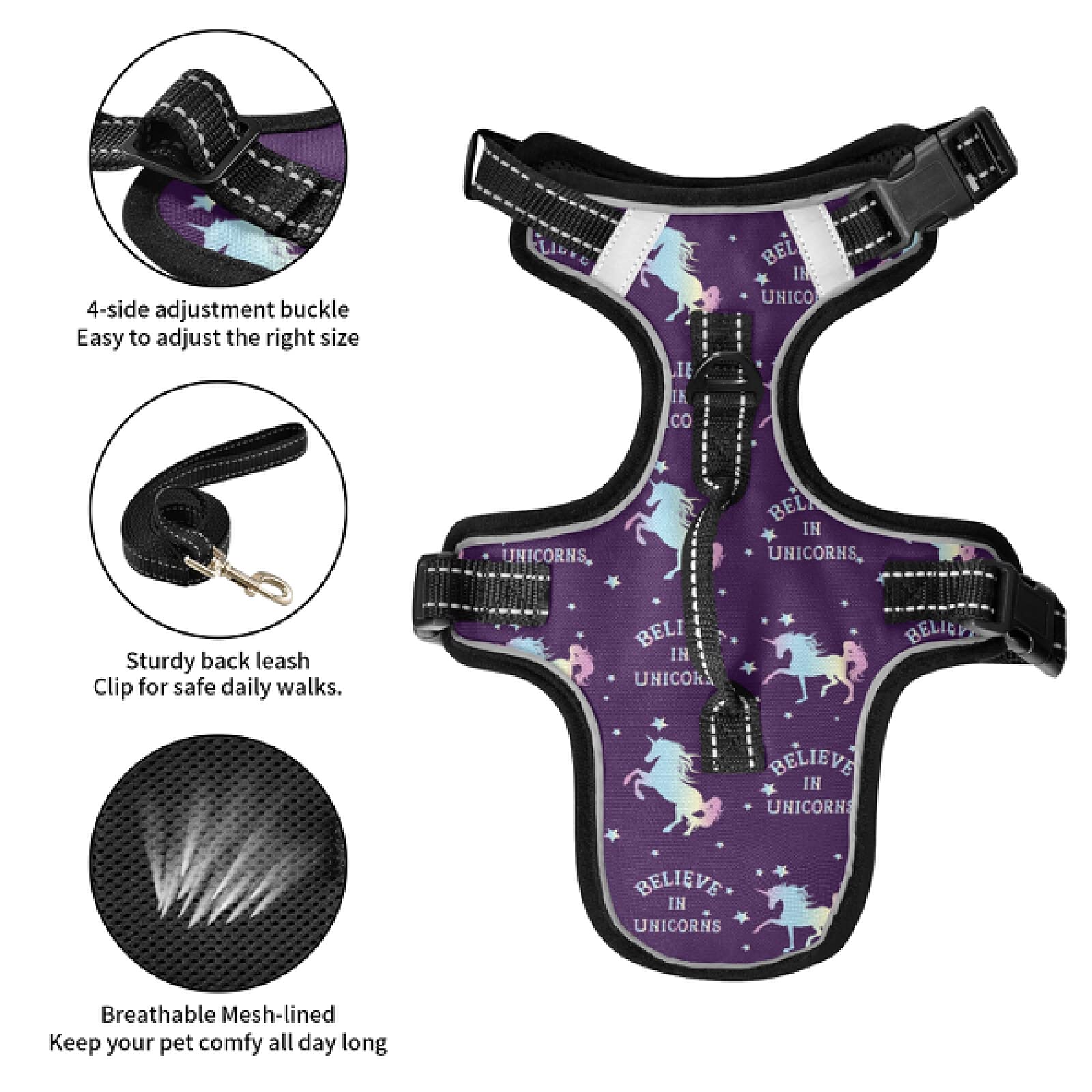 Unicorn Dog Harness No Pull Reflective Pet Vest - Breathable Small & Medium Dog Harness with Nylon Handle for Walking, Running & Outdoor Adventures