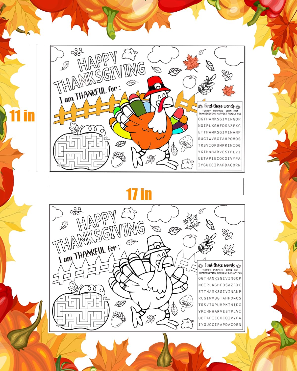 12-Pack Thanksgiving Turkey Coloring Place Mats for Kids - Fun DIY Activity for Thanksgiving Party, Holiday Dinner & Family Gatherings