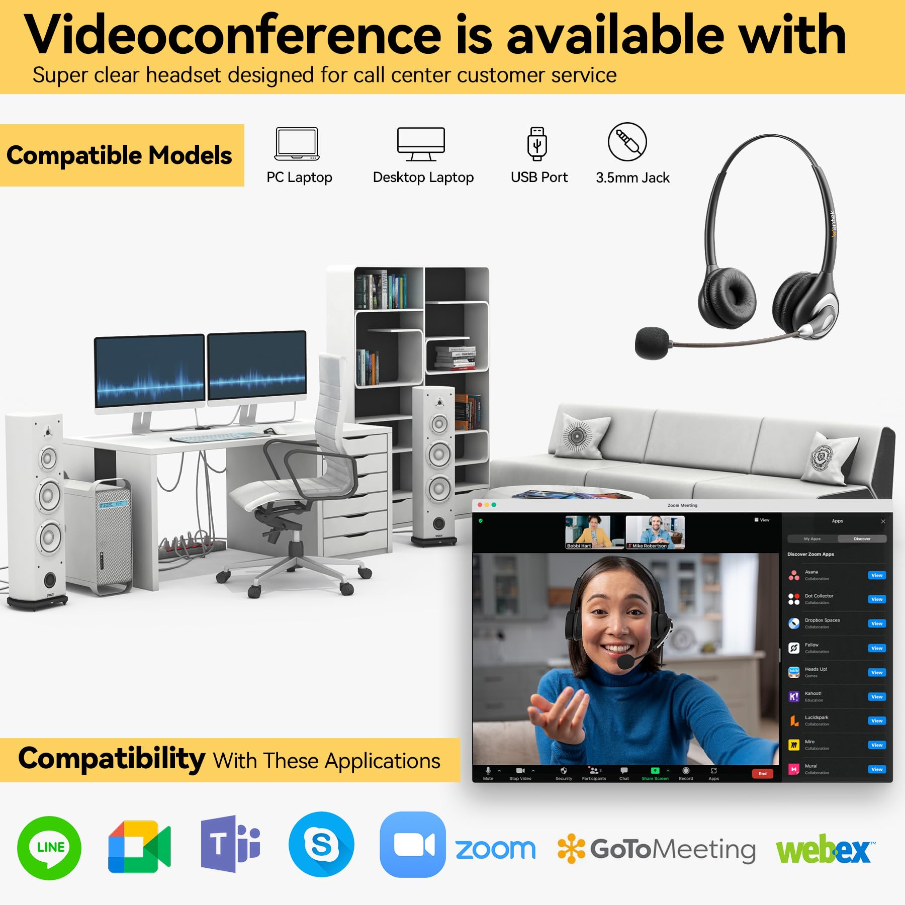 Wantek USB Headset with Microphone - Noise Cancelling PC Headphones for Business, Home Office & Call Center | Comfortable Lightweight Design for Skype, Zoom, Webinars & Online Meetings | Perfect for Remote Work, Customer Service & Virtual Classrooms
