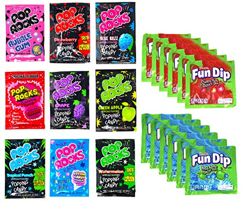 Bulk Variety Pack of Pop Rocks and Fun Dip Candy - 9 Packs Pop Rocks & 12 Packs Fun Dip - Classic Childhood Favorite Party Favors for Birthdays, Halloween, and School Events