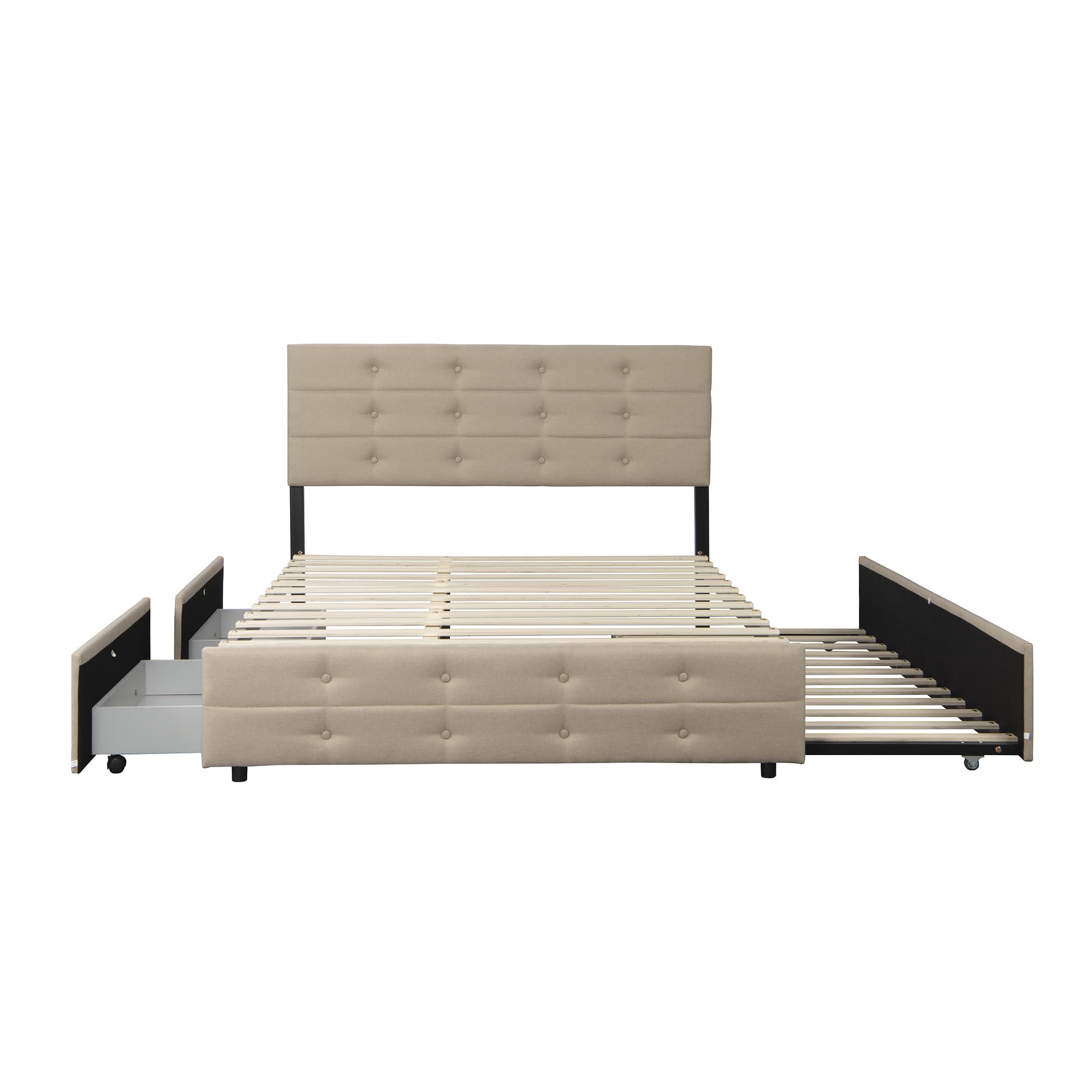 Harper & Bright Designs Queen Size Upholstered Platform Bed with Trundle & Storage Drawers - Light Beige Linen Fabric - Perfect for Small Bedrooms, Guest Rooms & Space-Saving Solutions
