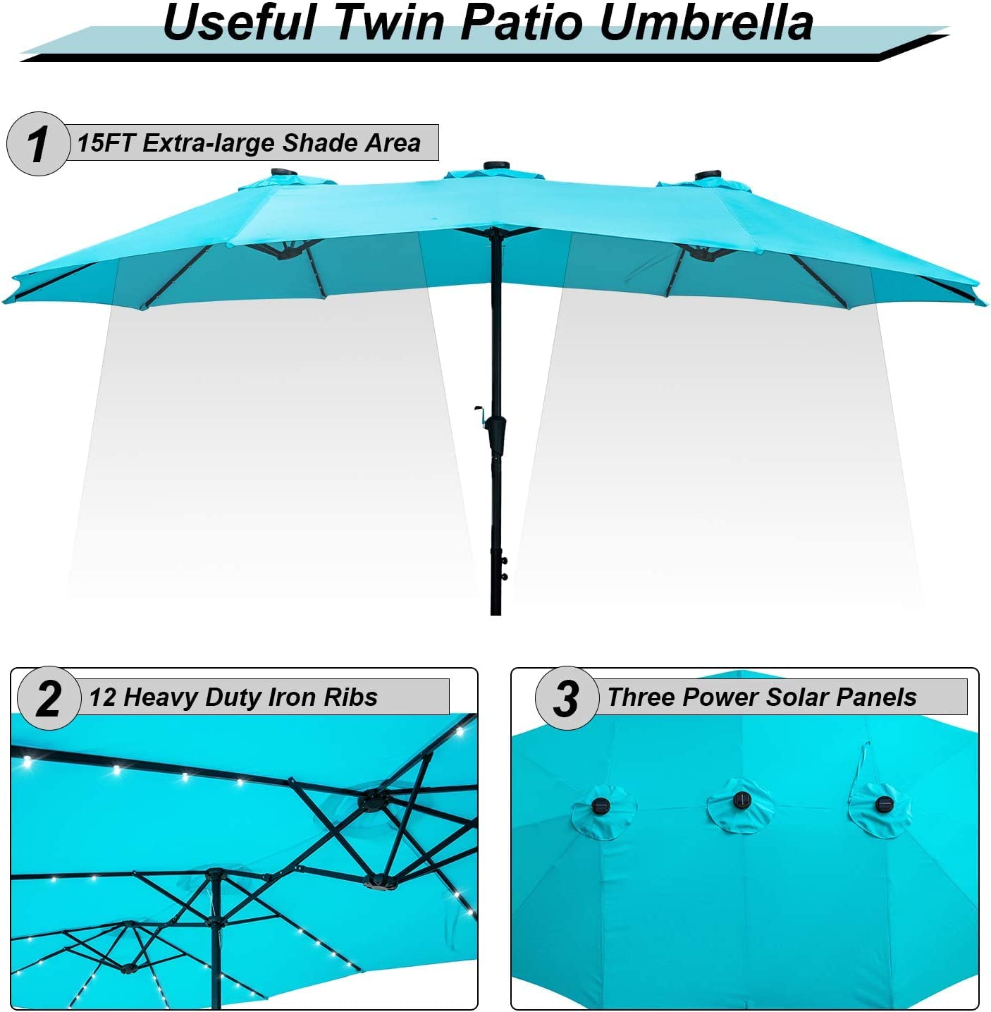 GDY 15Ft Solar Powered Patio Umbrella with 48 LED Lights - Double-Sided Aluminum Outdoor Market Umbrella in Blue - Perfect for Backyard, Poolside, and Outdoor Dining Areas