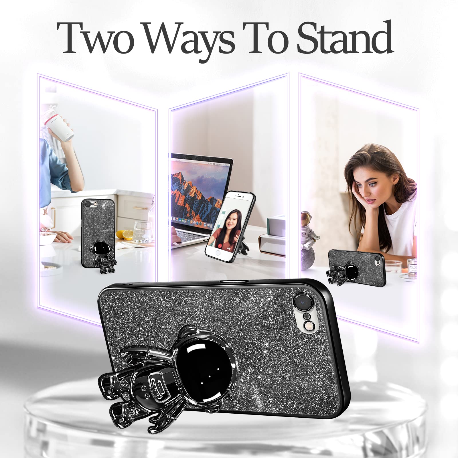 Buleens iPhone 6/6s Case - Cute Astronaut Clear Glitter Phone Cover with Spaceman Stand | Electroplated Sparkly Space Design for Women & Girls | Perfect for Everyday Use, School, and Gift Giving (Black)