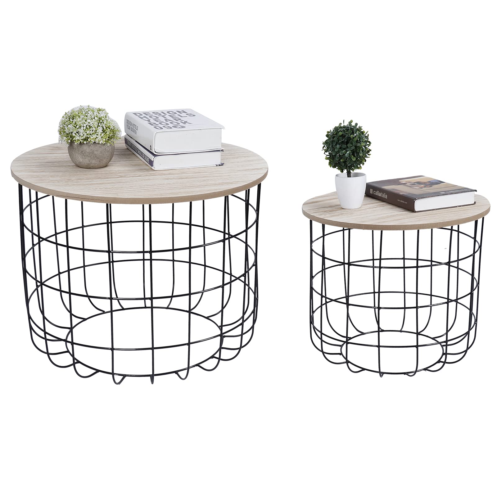 **Metal Basket Coffee Table with Lid - Round Side Table, Decorative Nightstand & Snack Table for Living Room, Bedroom, Hallway, Garden & Terrace - Set of 2 - Perfect for Coffee Storage, Books & Home Decor**