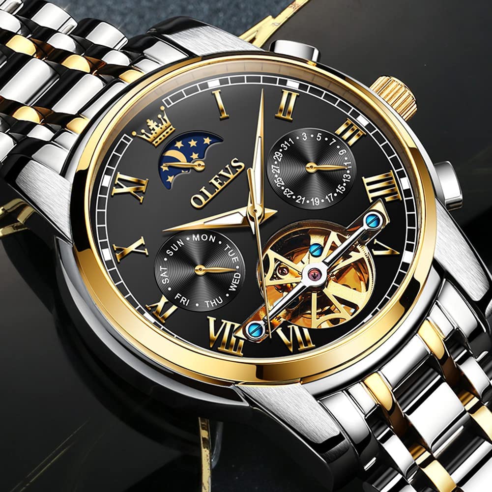 OLEVS Men's Automatic Mechanical Tourbillon Watch - Self-Winding Luxury Stainless Steel Waterproof Wristwatch with Luminous Hands & Date Display | Perfect for Business, Formal Events & Everyday Wear