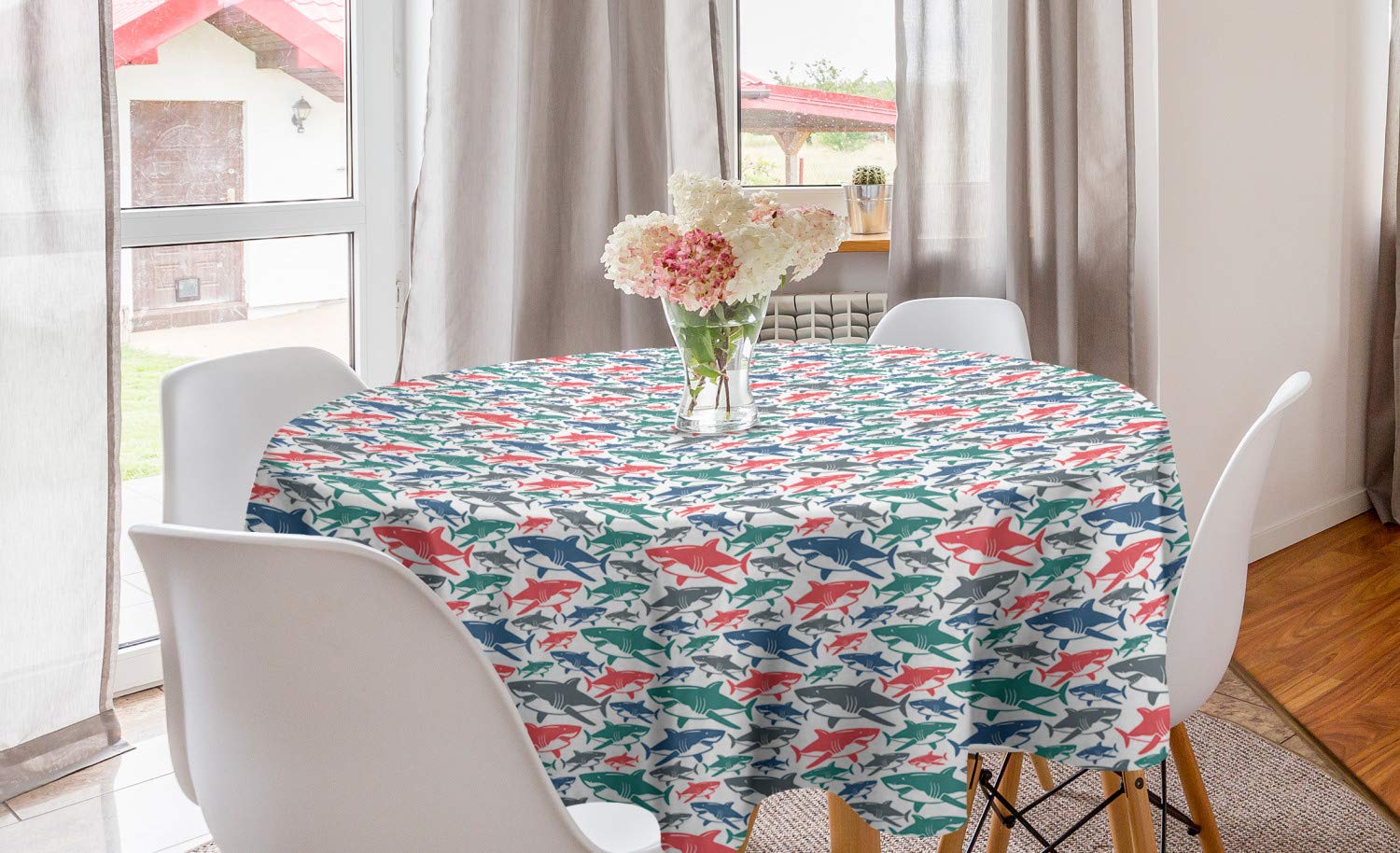 Ambesonne Shark Round Tablecloth - Colorful Bull Shark Family Pattern, 60 Inch Circle Table Cover for Dining Room & Kitchen Decor | Perfect for Shark-Themed Parties, Ocean Decor & Marine Lover Gifts