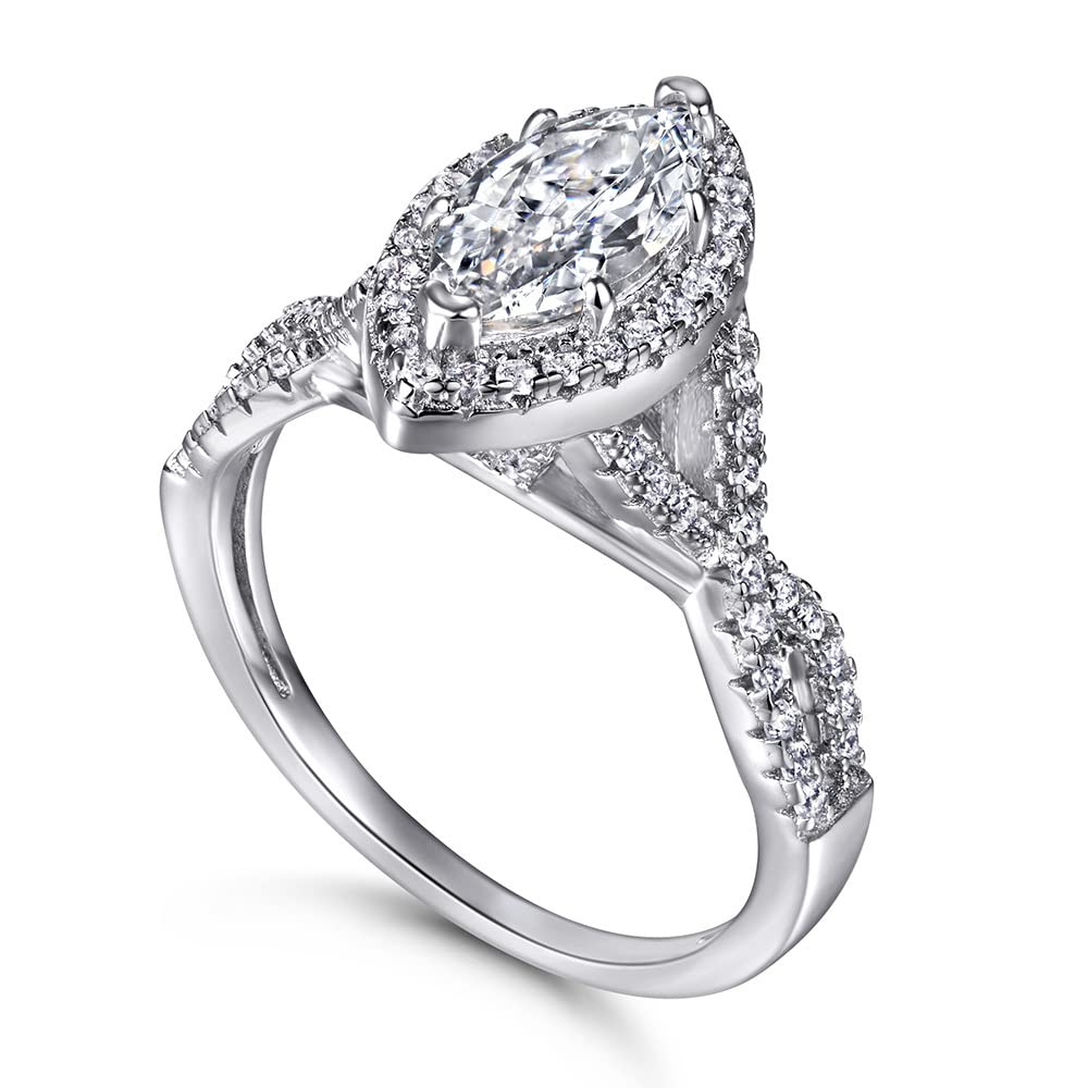 1.5 Carat Marquise Halo Moissanite Engagement Ring for Women - 10K/14K/18K White Gold & Platinum Plated Silver Wedding Band with Custom Text Engraving (Perfect for Proposals, Anniversaries & Bridal Jewelry)