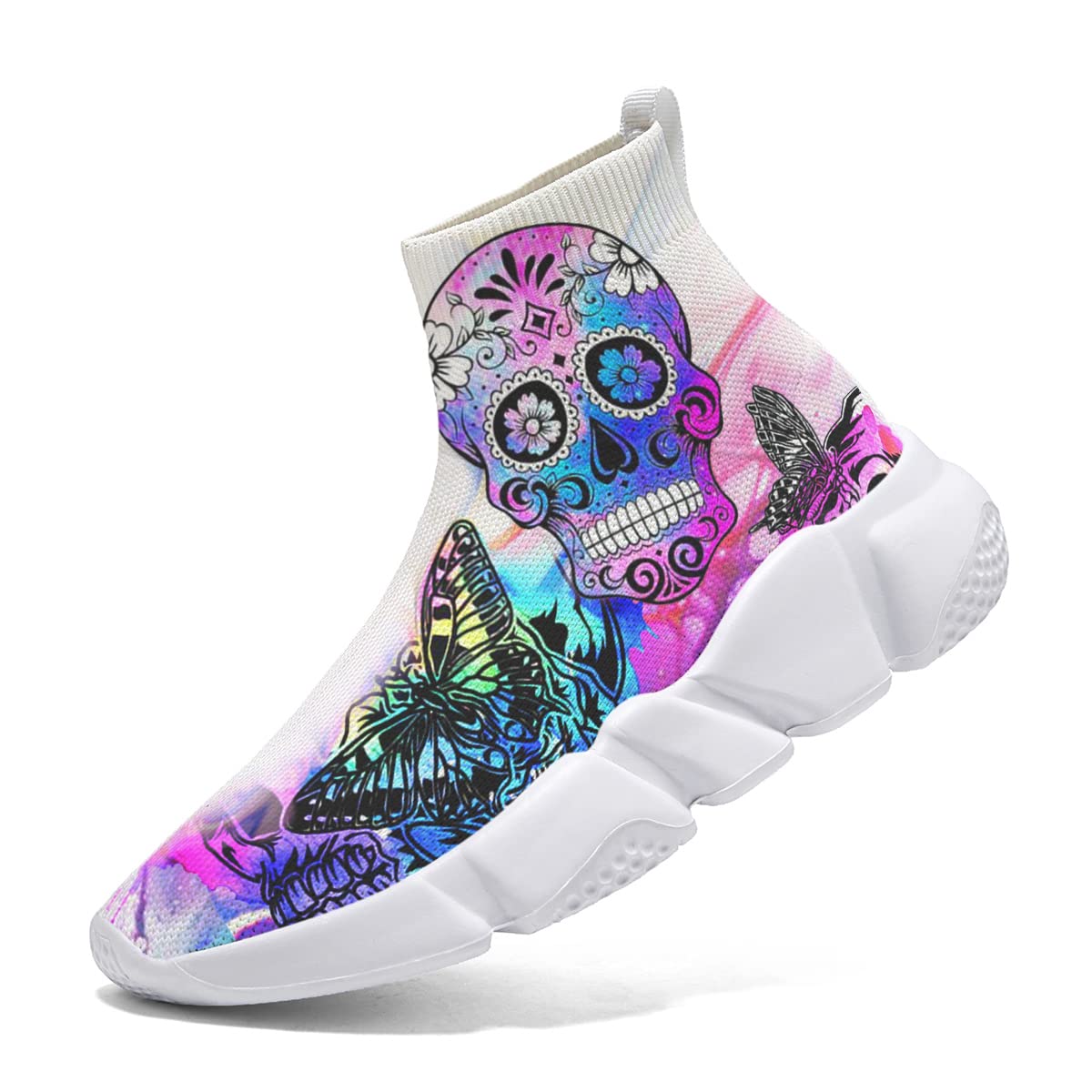 Hetios Women's Fashion Skull Print Slip-On Sneakers - Breathable Knit Running Shoes for Jogging, Walking & Casual Wear - White Athletic Shoes for Women (Perfect for Gym, Workout & Daily Outfits)