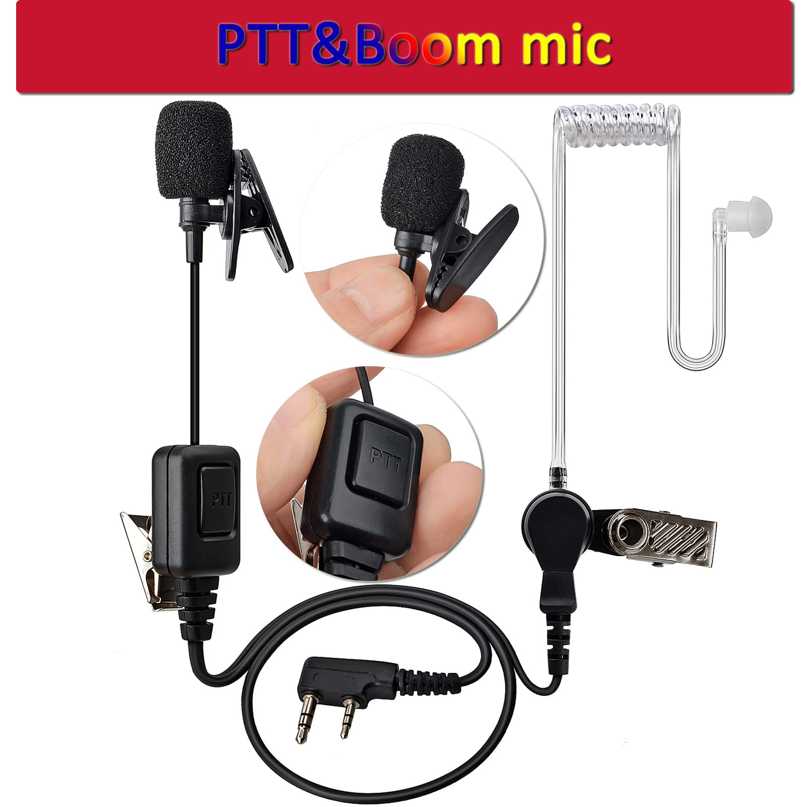 Universal 2 Pin Walkie Talkie Earpiece with Mic - Push to Talk (PTT) Acoustic Tube Headset for Baofeng UV-5R, Retevis, Kenwood, Puxing & Wouxun 2 Way Radios (Pack of 2) - Ideal for Security, Construction & Outdoor Adventures