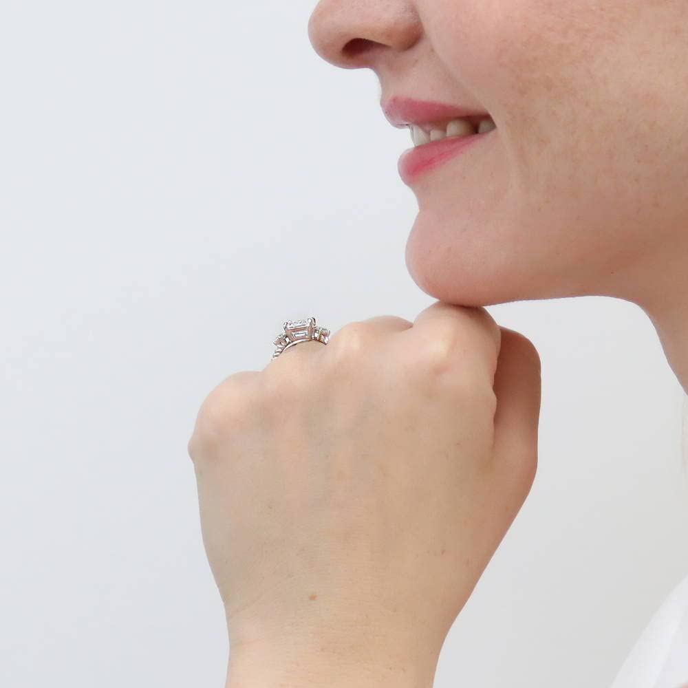BERRICLE Sterling Silver 3-Stone Wedding & Engagement Ring for Women - 2.6 Carat Emerald Cut Cubic Zirconia CZ Woven Band, Rhodium Plated, Size 4-10 | Elegant Gift for Anniversary, Proposal & Special Occasions