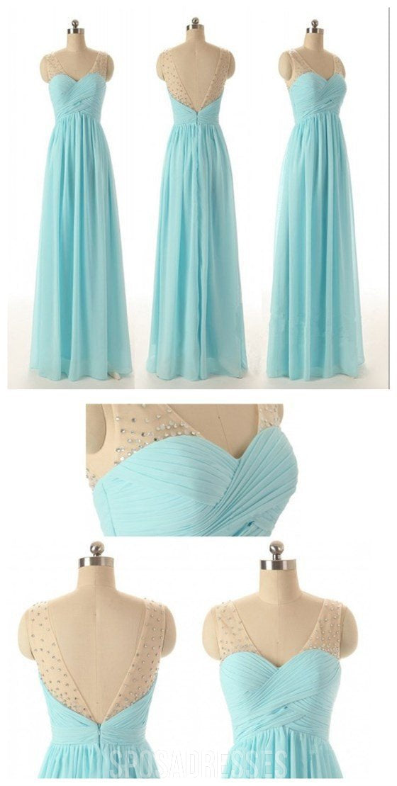 Junior Off Shoulder V-Neck Blue Chiffon Formal Bridesmaid Dresses - Elegant Wedding Party Gown for Bridal Shower, Prom & Special Occasions (Style WG56)