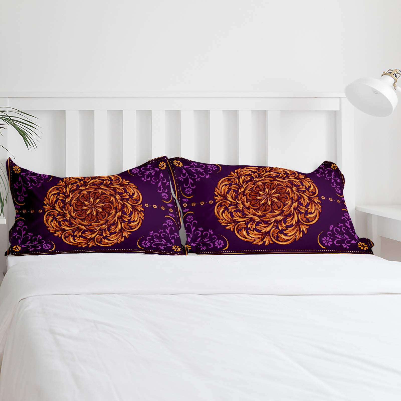 4-Piece Boho Mandala Floral Quilt Cover Set - Soft Round Golden Purple & Orange Flower Lace Bedding with Pillowcases (Full Size) for Cozy Bedroom Decor, Guest Room Makeover & Bohemian Style Home
