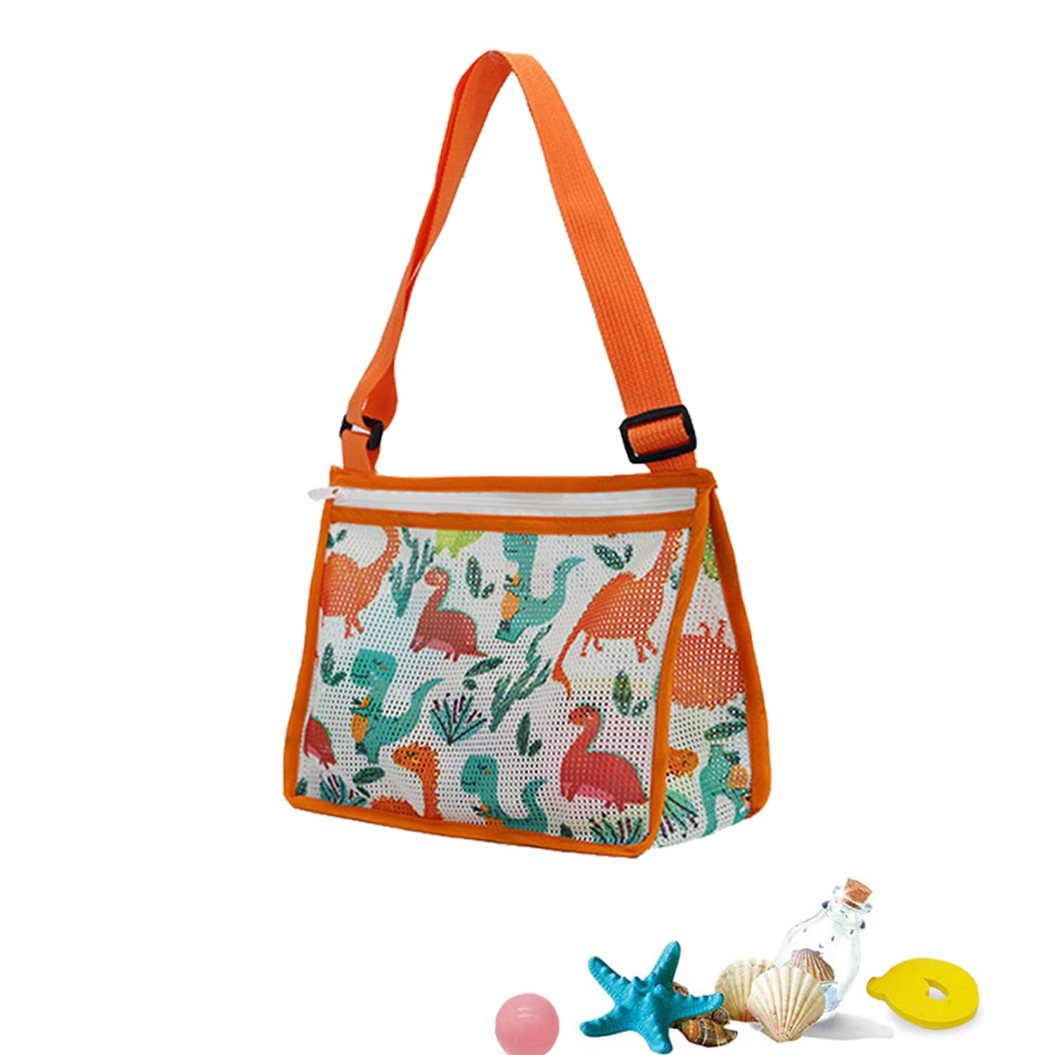 Angch Mesh Beach Bag for Shells & Sand Toys - Durable Orange Beach Tote for Boys & Girls - Perfect for Swimming, Seashell Collecting & Summer Beach Trips
