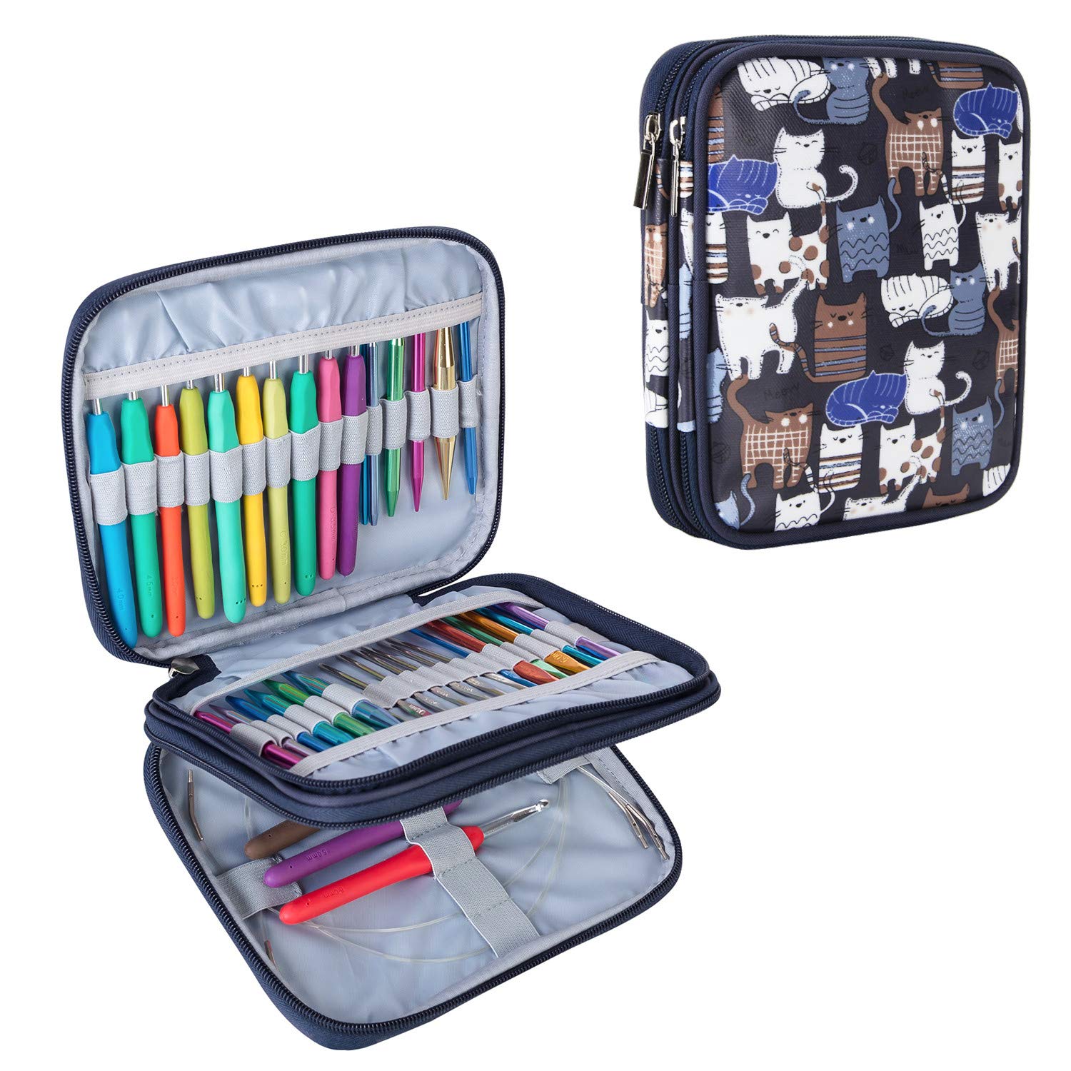 Teamoy Knitting Needle Organizer Case - Storage for Circular Knitting Needles, Crochet Hooks & Knitting Accessories | Portable & Durable Cats Blue Design | Perfect for Travel, Crafting & Knitting Projects (Accessories Not Included)
