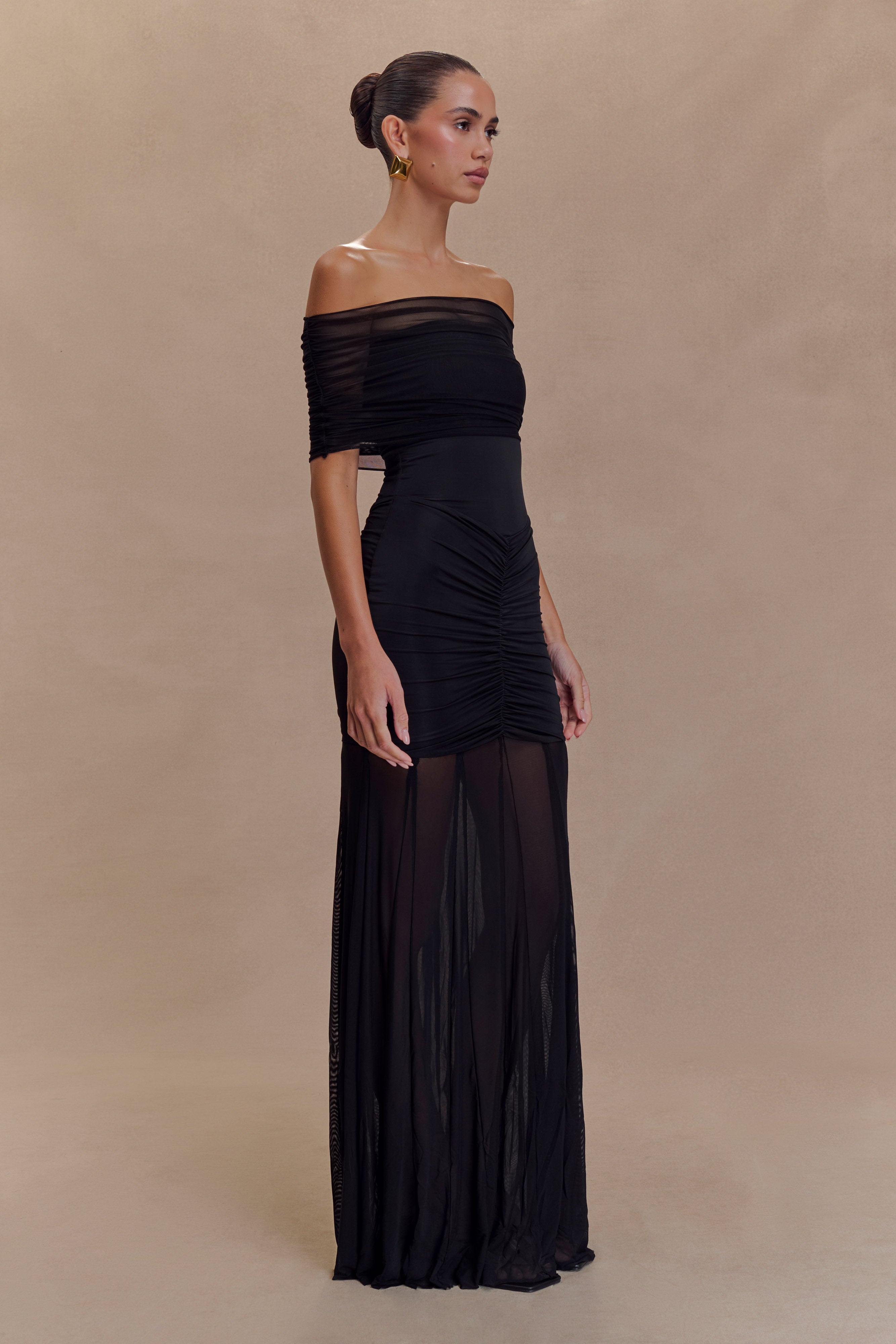 Elegant Black Caspian Slinky & Mesh Off-Shoulder Maxi Dress for Women - Perfect for Evening Parties, Weddings & Summer Vacations