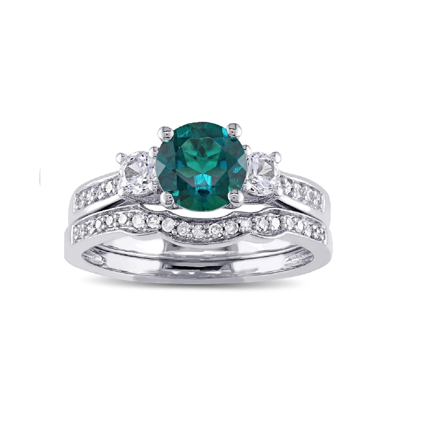 14K White Gold Plated Three Stone Emerald & Diamond Engagement Ring Set for Women | Elegant Bridal Jewelry | Perfect for Proposals, Weddings & Anniversary Gifts