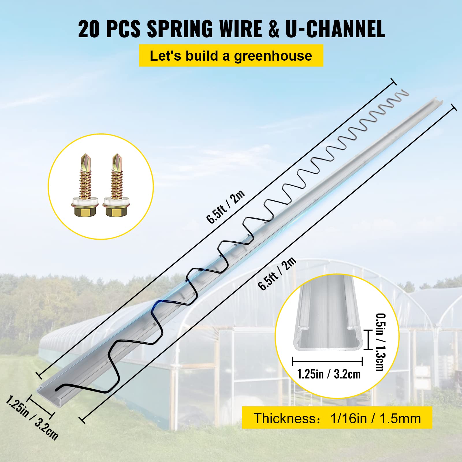 VEVOR 20-Pack Greenhouse Spring Wire & Lock Channel Kit - 6.56ft PE Coated Aluminum Alloy with Screws for Plastic Poly Film or Shade Cloth Attachment (Silver) | Durable Gardening Supplies for Greenhouse, Plant Protection & Backyard Growing