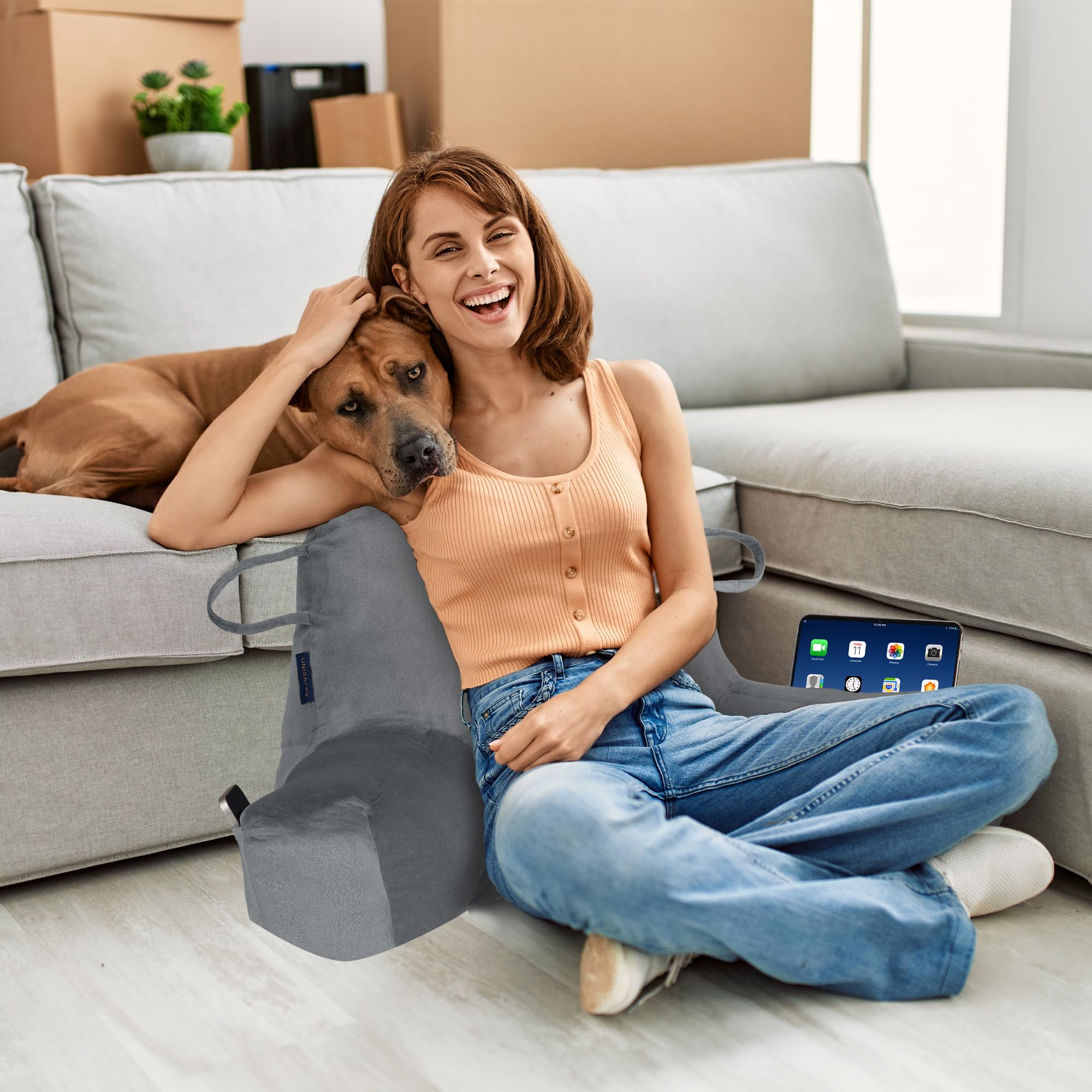 Portable Comfort Reading Pillow for Adults - Grey Bed Pillow with Arms & Pockets, Elastic Sponge Support & Washable Cover - Perfect for Reading, Watching TV, Gaming & Relaxing in Bed or on the Floor