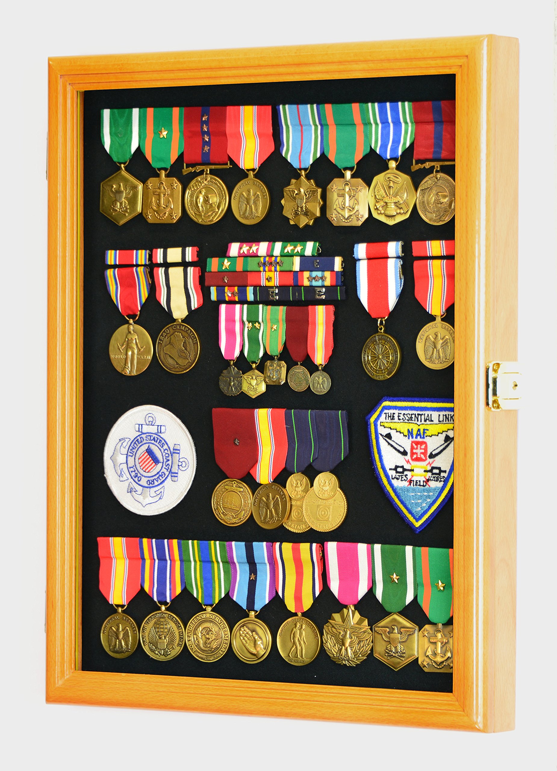 Military Medals, Pins, Badges & Insignia Display Case - Lockable Shadowbox Cabinet with Pinnable Backdrop for Flags, Ribbons & Patches | Perfect for Home, Office & Military Memorabilia Showcase