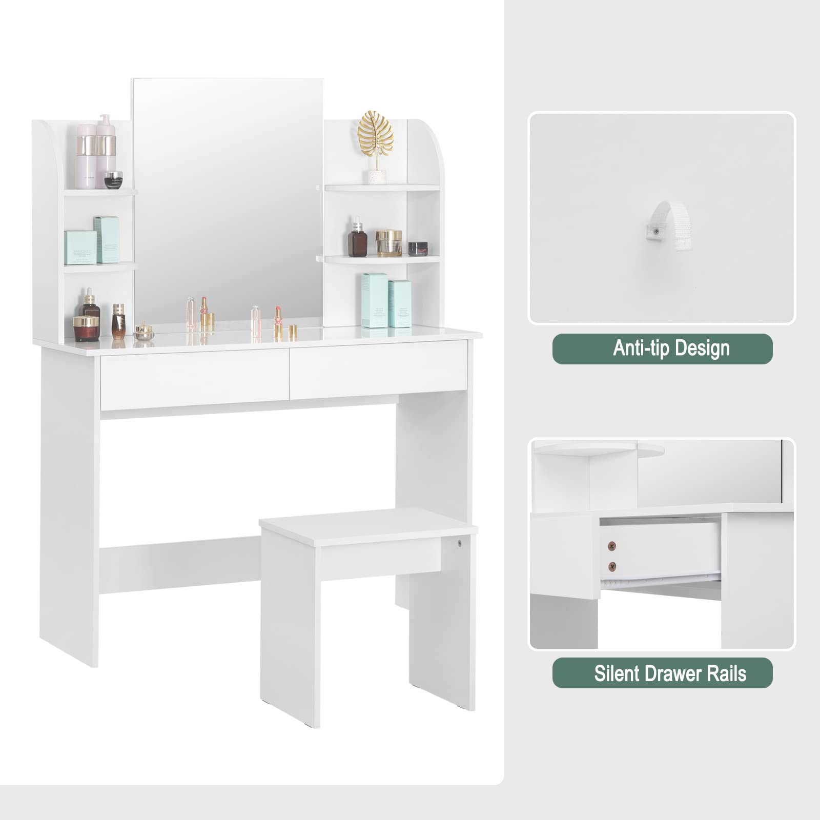 WOLTU White Makeup Vanity with Stool & Mirror, 2 Drawers & 4 Shelves - Perfect for Home Beauty Salon