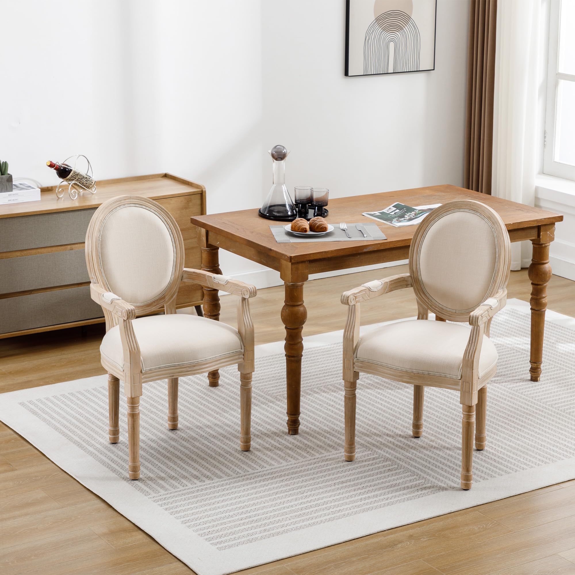 Solid Wood French Dining Chairs Set of 2 - Rustic Carved Wood Frame with Cane Back & Linen Upholstered Seat - Elegant Bistro Armchairs for Dining Room, Wedding, Living Room & Kitchen Decor