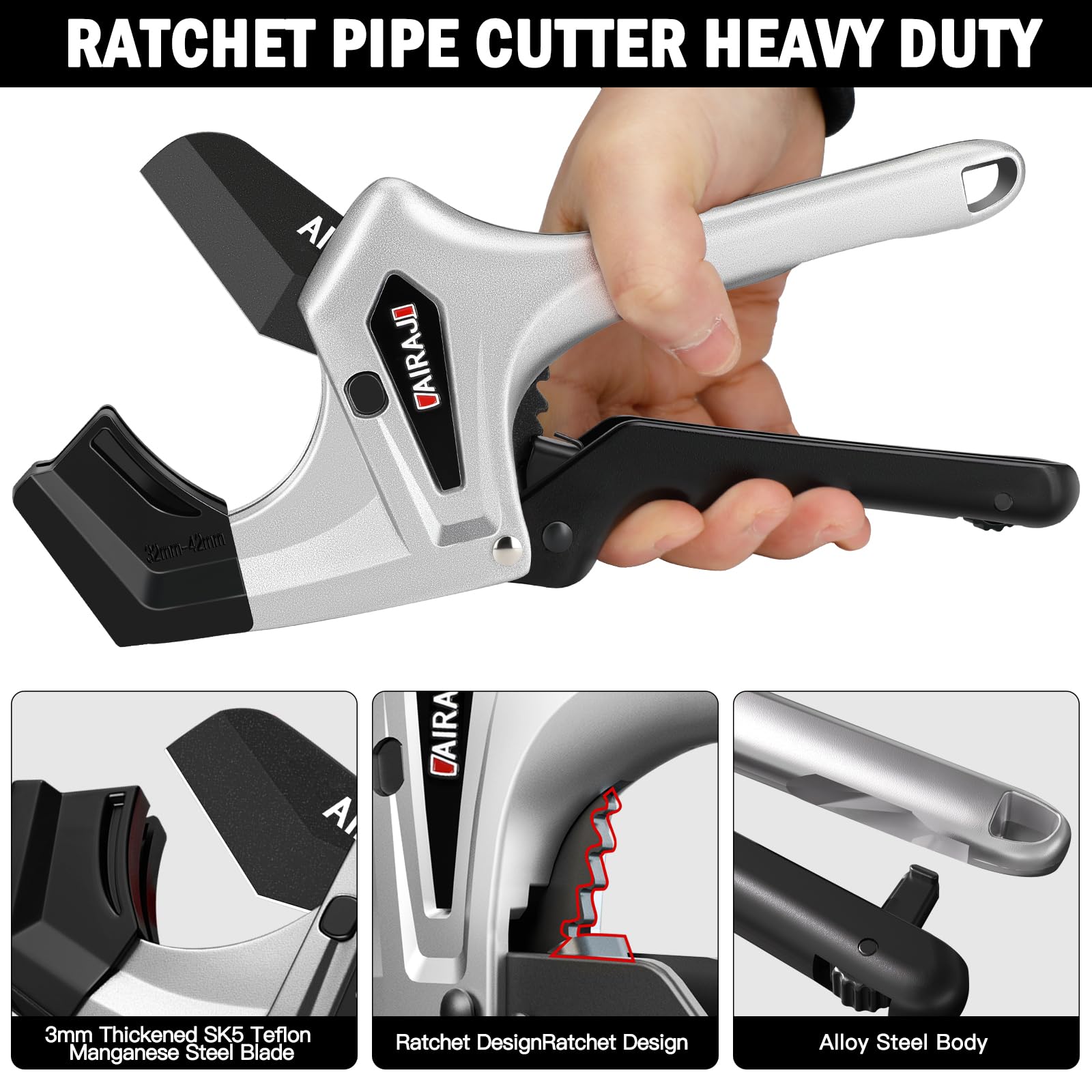 Heavy Duty AIRAJ Ratchet PVC Pipe Cutter - Cuts up to 2 Inch PVC, PEX & Plastic Pipes - One-Click Blade Replacement with Extra Spare Blade - Ideal for Plumbing, DIY Projects & Pipe Installation