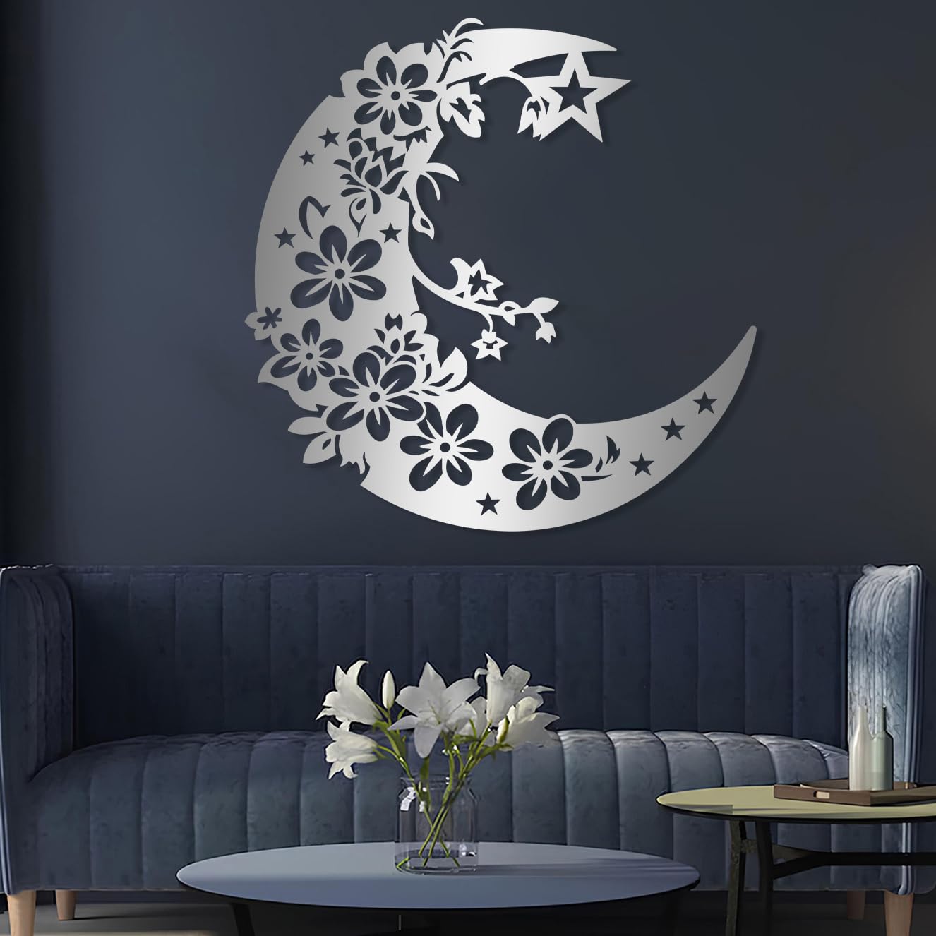 Metal Moon and Stars Wall Decor - Boho Moon Wall Art for Living Room, Bedroom & Office - Handcrafted Metal Flower Wall Hanging - Perfect for Home, Nursery & Workspace Decor