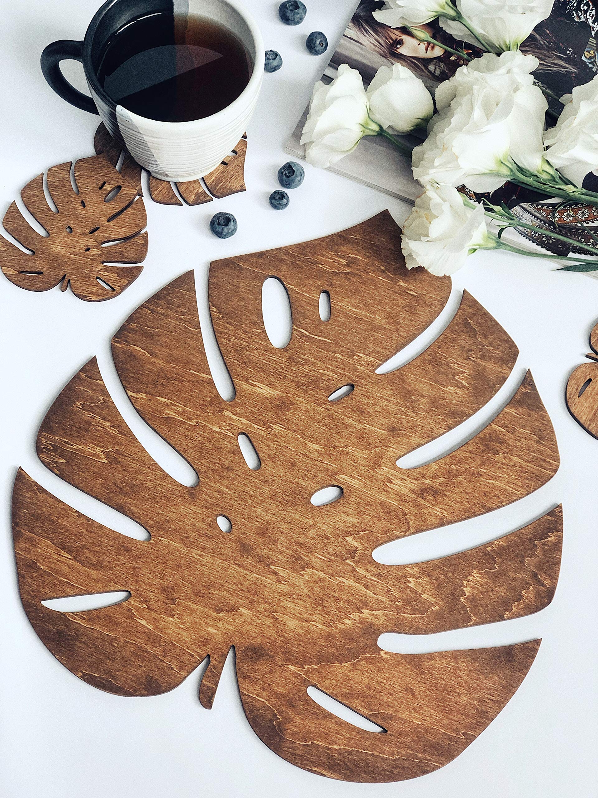 Natural Wooden Placemats for Dining Table - Monstera Leaf Design Table Mats - Perfect for Kitchen, Dining Room, and Outdoor Picnics
