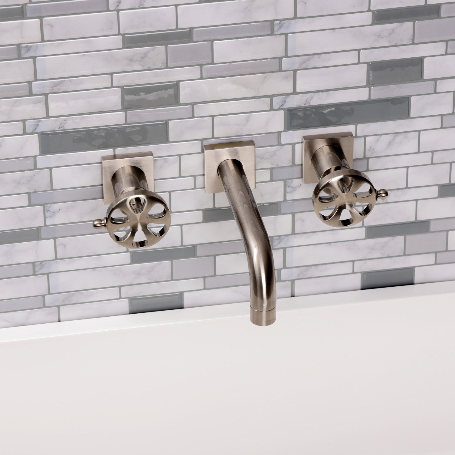 Belknap KS6128RX Brushed Nickel Double Handle 3-Hole Wall Mount Bathroom Faucet - Perfect for Modern Bathrooms and Powder Rooms