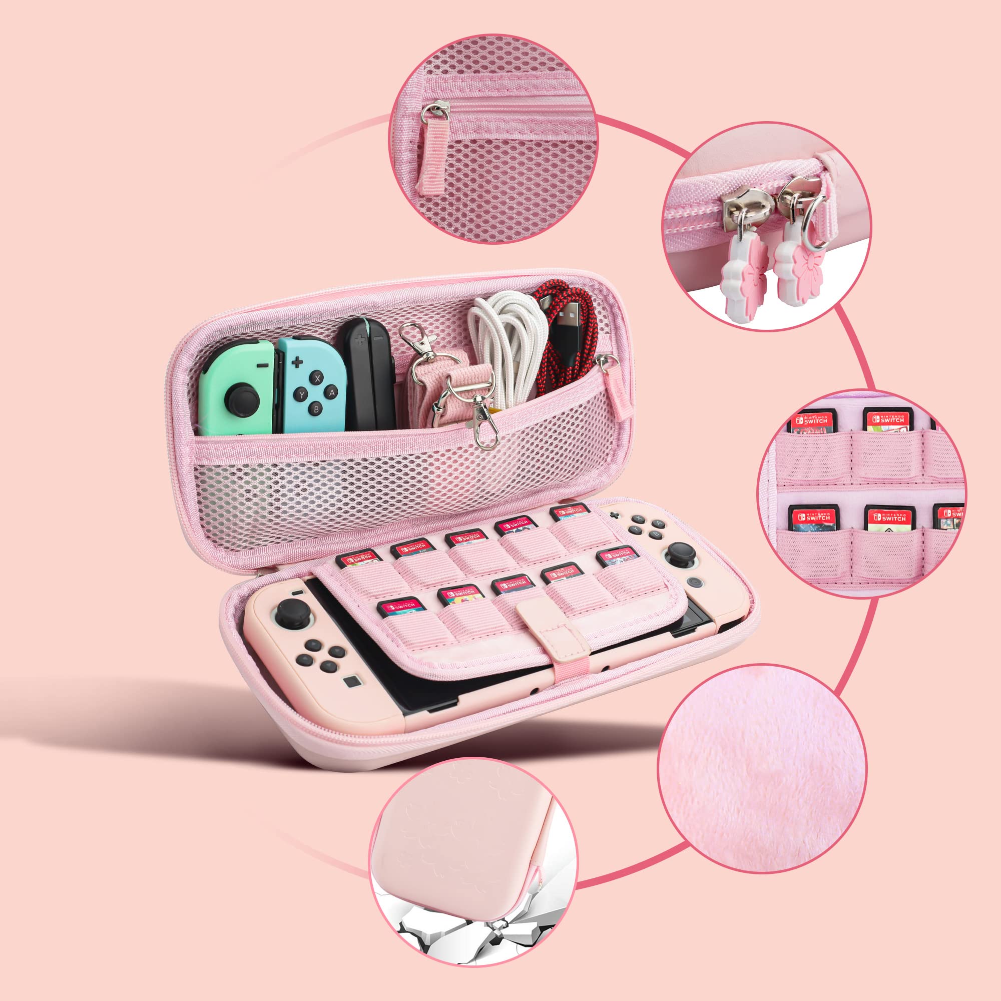 9-in-1 Nintendo Switch OLED Carrying Case Set - Cute Pink Travel Case with Hard PC Cover, Tempered Glass Screen Protector, Thumb Grips, Wrist Bands & Shoulder Strap | Perfect for Girls Gaming On-The-Go, Travel Protection & Console Storage