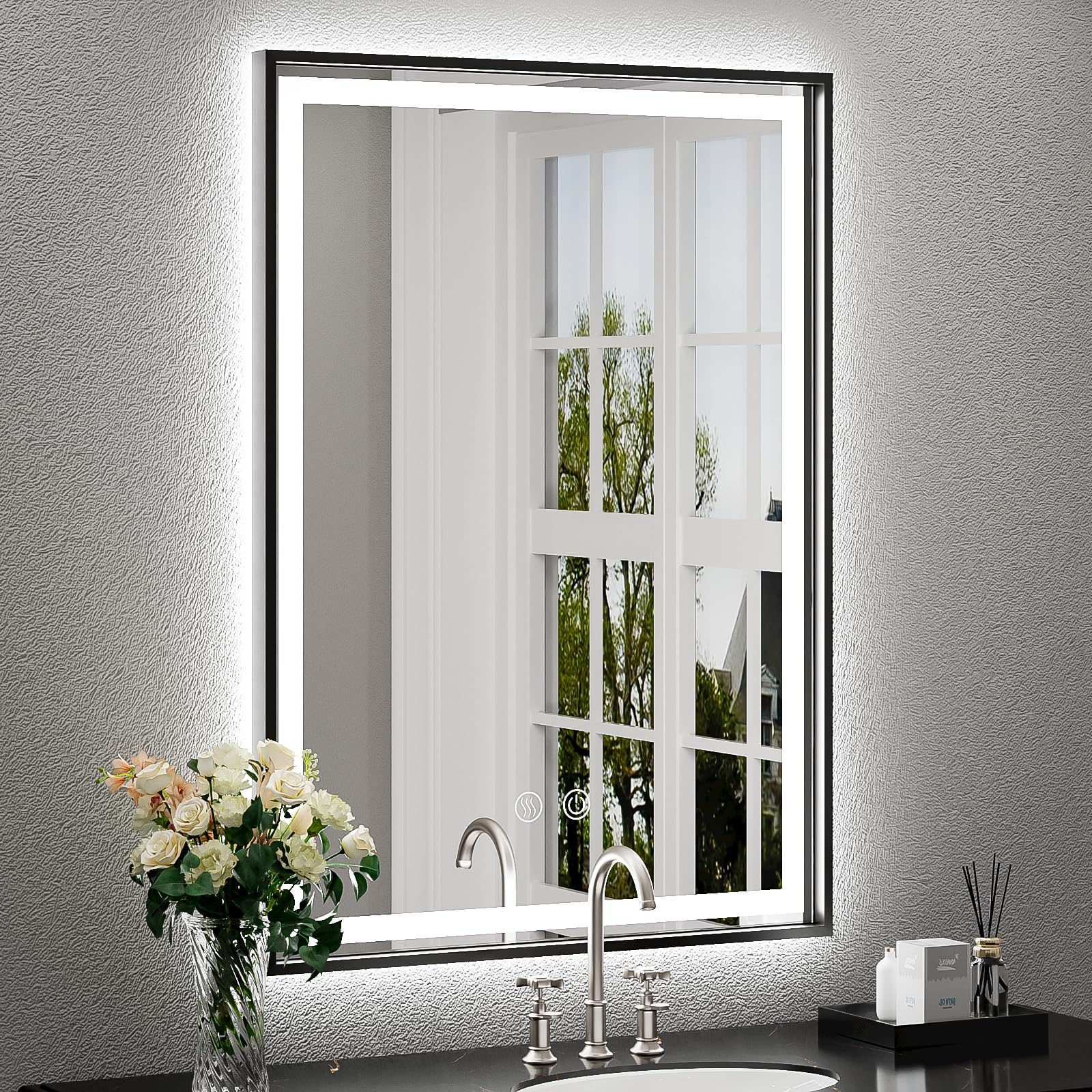 24x32 Inch LED Bathroom Mirror with Front & Back Lighting - Black Metal Frame Anti-Fog Vanity Mirror with Dimmable Double Light Strips - Perfect for Wall Mounted Makeup & Shaving Areas