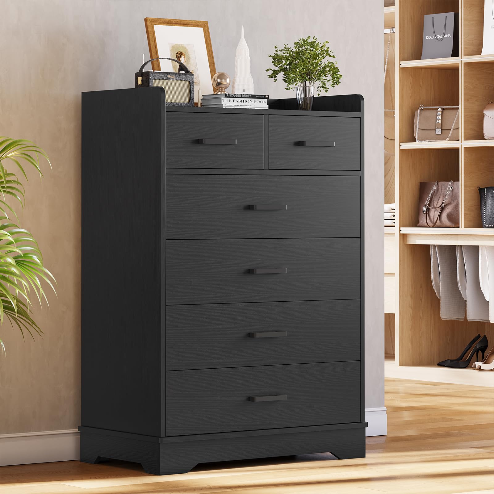 Hasuit Black 6 Drawer Dresser - Solid Wood Storage Chest with Large Capacity, Vertical Clothing Organizer for Bedroom, Hallway & Entryway | Perfect for Small Space Organization & Home Decor