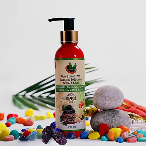 NATURENOVA HERBALS Glow & Shine Deep Nourishing Body Lotion with SPF & Marula Oil | Enriched with Argan Oil, Mulberry, Cocoa Butter, Vitamin C & E | UV-B Protection, Anti-Aging, Stretch Mark Prevention | Hydrates & Softens Skin for Youthful Glow | Paraben-Free 200ml | Perfect for Daily Moisturizing, Sun Protection & Anti-Aging Skincare Routine