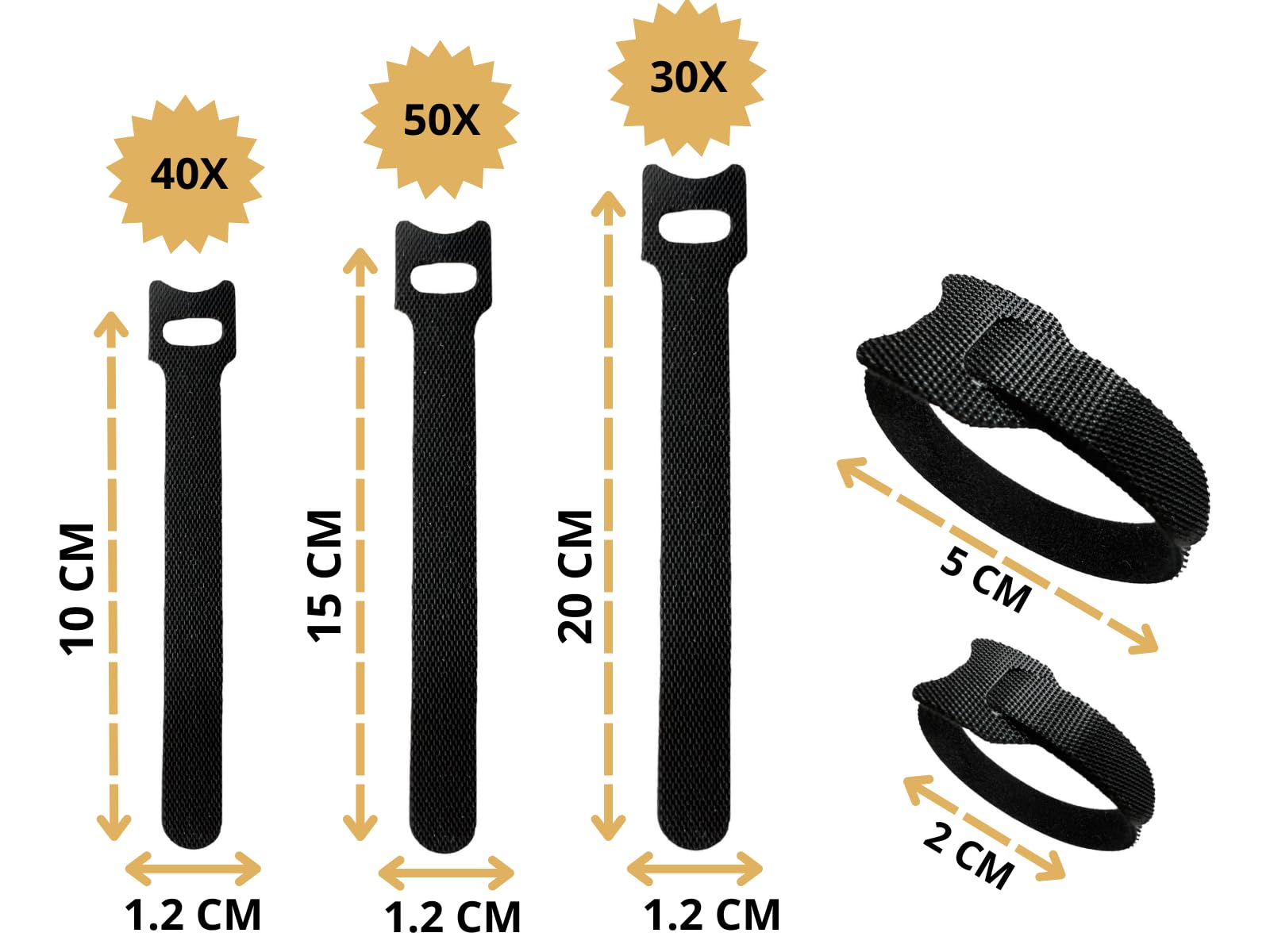 Hazarox 120-Pack Reusable Velcro Cable Ties (10cm-20cm) - Black Resealable Fastening Straps for Organizing Wires, Cables & Home Office Setup