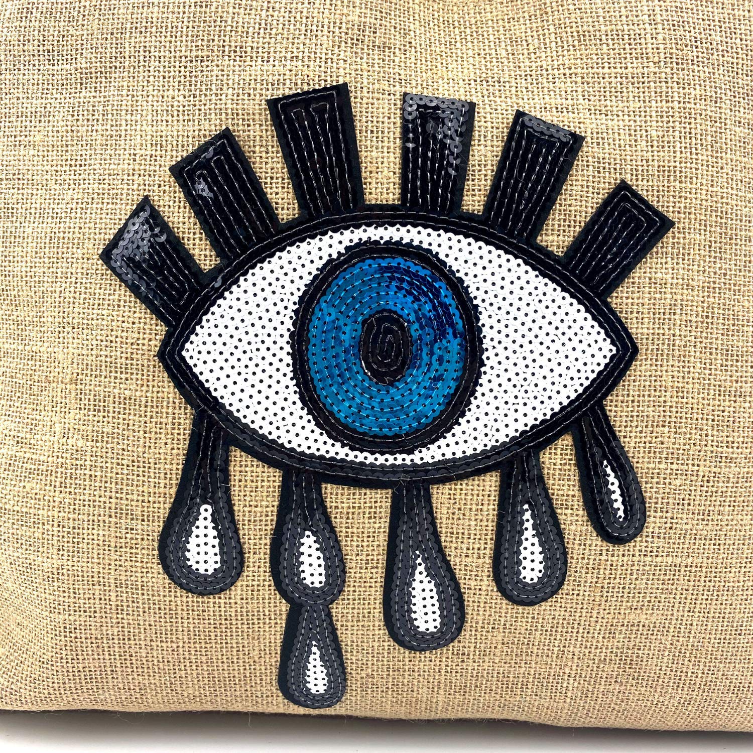Evil Eye Tote Bag for Women - Stylish Jute Beach Bag with Zipper & Handles, Waterproof & Durable (Natural) - Perfect for Beach, Shopping & Travel Accessories