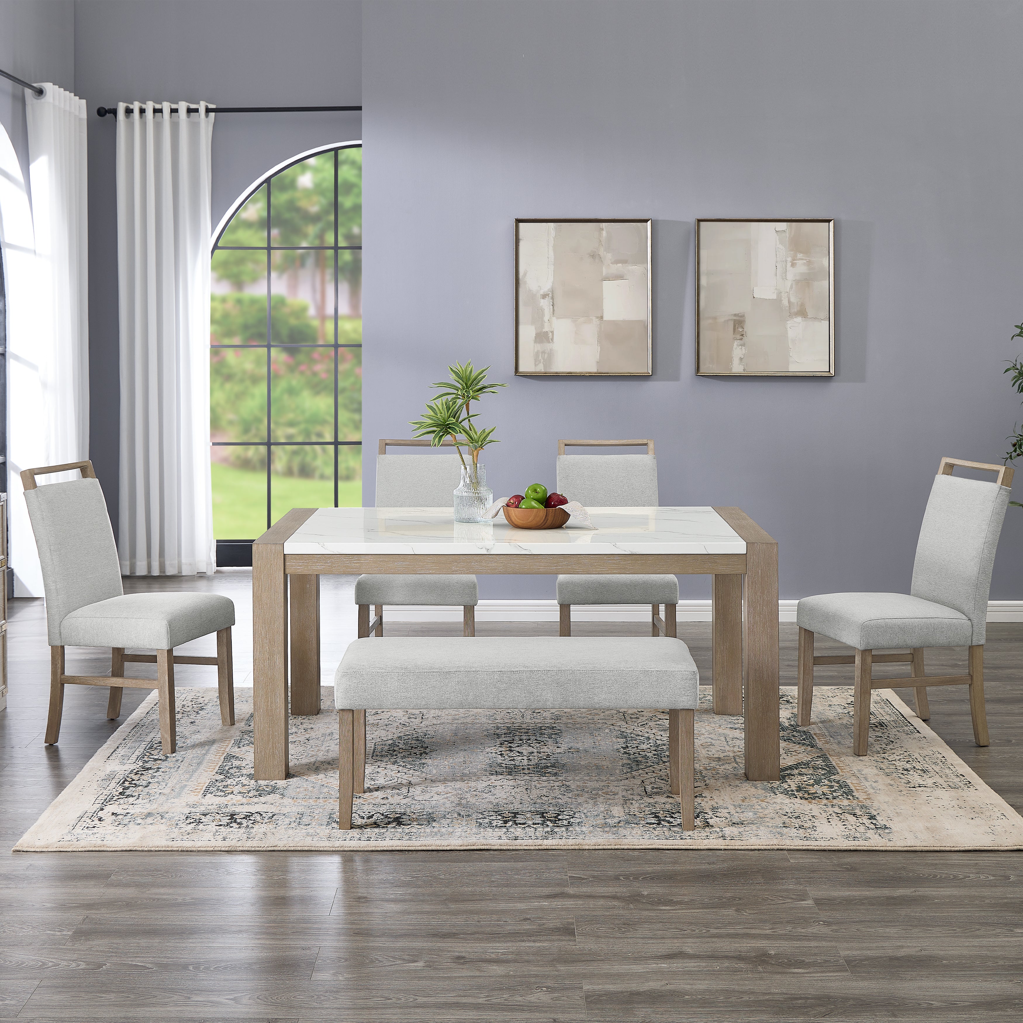 Roundhill Furniture Zelalle 6-Piece Dining Set with Table, 4 Chairs & Bench - White Wired Brushed Finish for Kitchen, Breakfast Nook or Small Dining Room