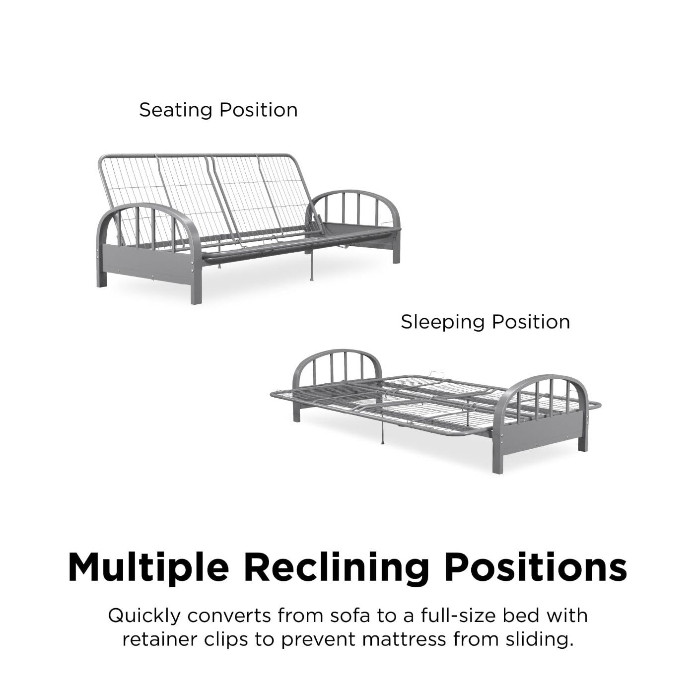DHP Aiden Full Size Metal Futon Frame in Silver - Space Saving Convertible Sofa Bed for Small Apartments, Guest Rooms & Dorm Living