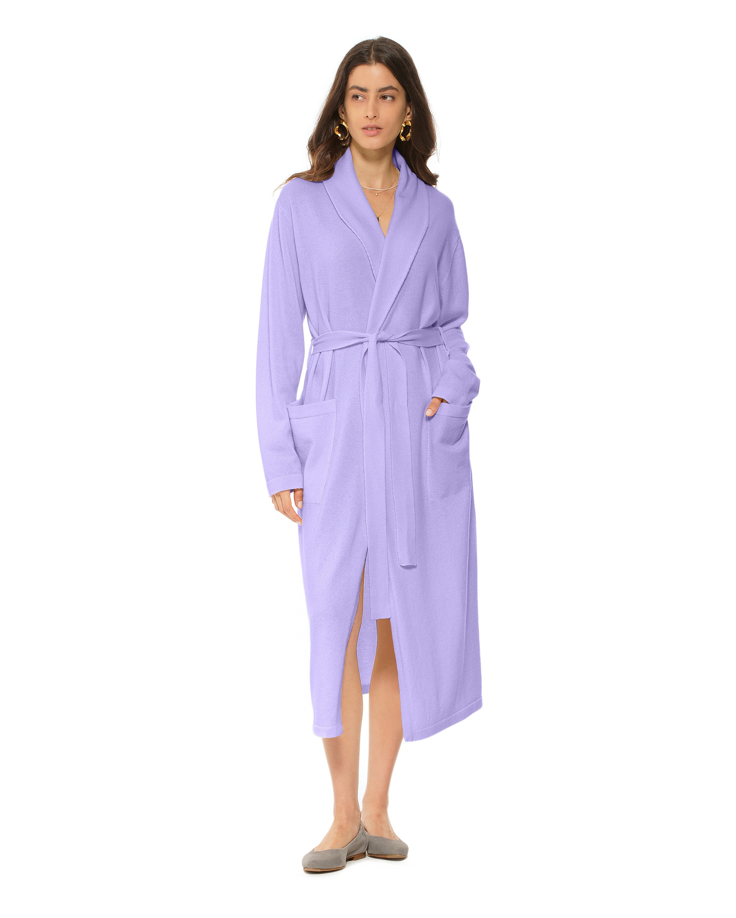 Luxury Women's Pure Cashmere Knit Robe - Soft Lavender Winter Loungewear for Spa, Home & Gift Giving