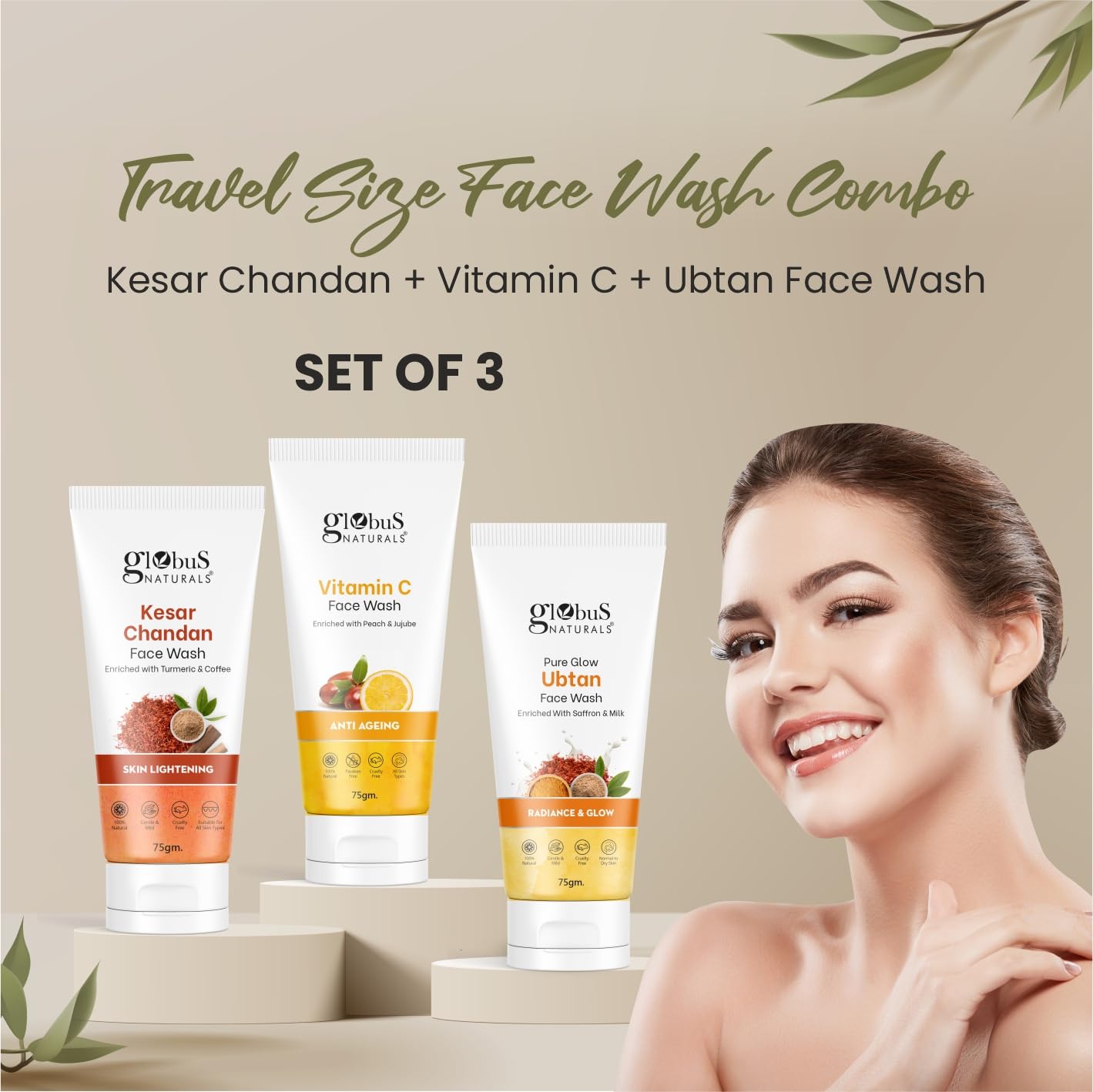 Globus Naturals Face Wash Combo Set of 3 (75g Each) - Kesar Chandan, Vitamin C & Ubtan for Glowing Skin | Daily Cleansing, Acne Control & Brightening | Perfect for Morning & Night Skincare Routine