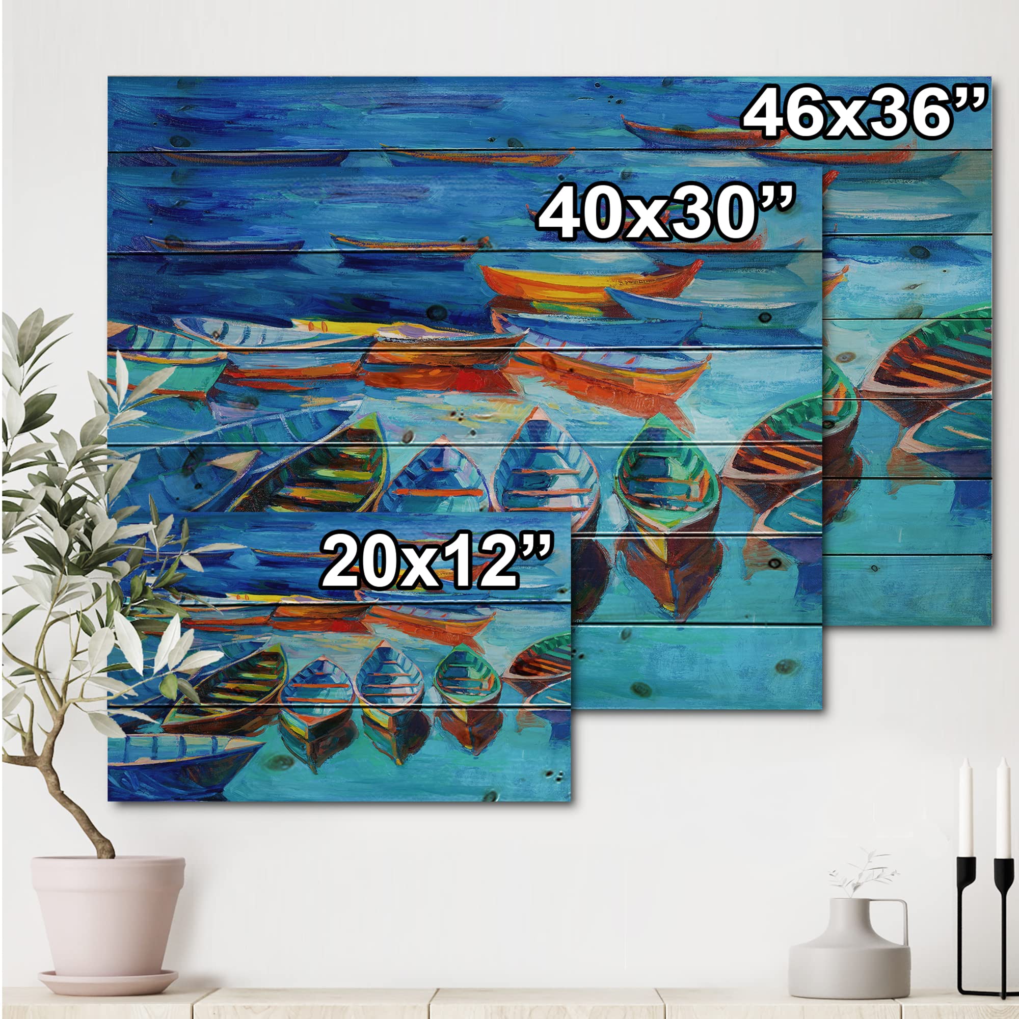 DesignQ Little Boats Waiting in the Harbor - Nautical & Coastal Wood Wall Decor, Blue Wood Wall Art, Large Transportation Wood Panels Printed on Natural Pine - Perfect for Beach House, Living Room, or Office Decoration