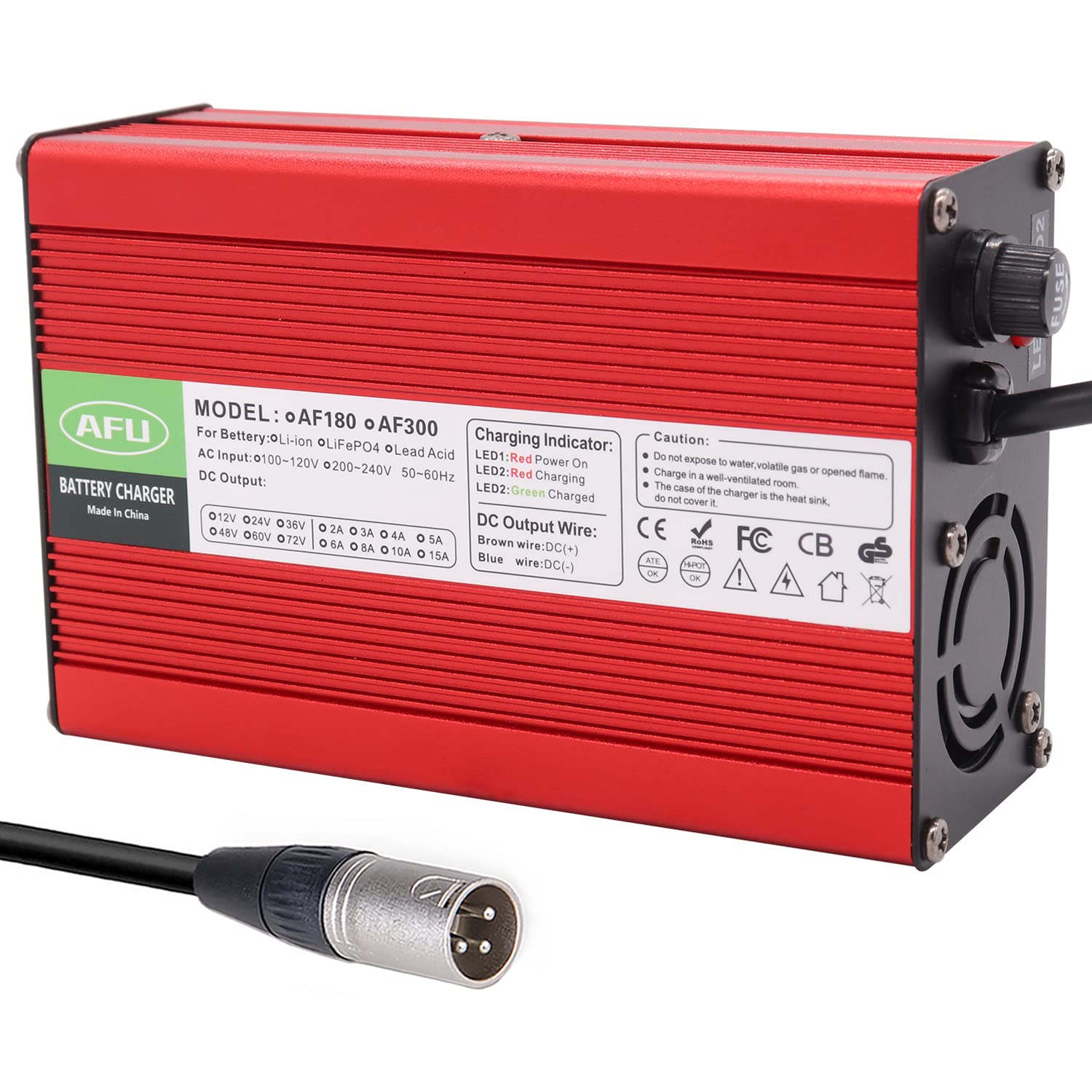 54.6V 5A 13S 48V Lithium Ion Battery Smart Charger with Red Aluminum Case & 3-Pin XLR Plug - Fast Charging for E-Bikes, Scooters, and Power Tools