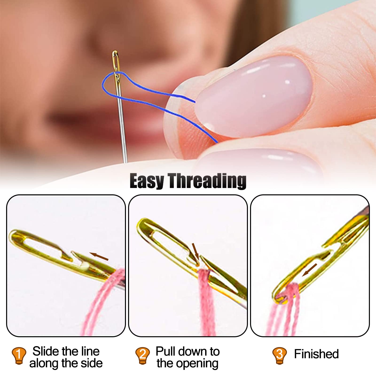 Self Threading Needles for Hand Sewing - 24 Pack Easy Thread Embroidery Needles with Wooden Case, Side Threading Sewing Needles Kit for Quilting, Mending & Crafts (Carving Pattern) - YAWALL