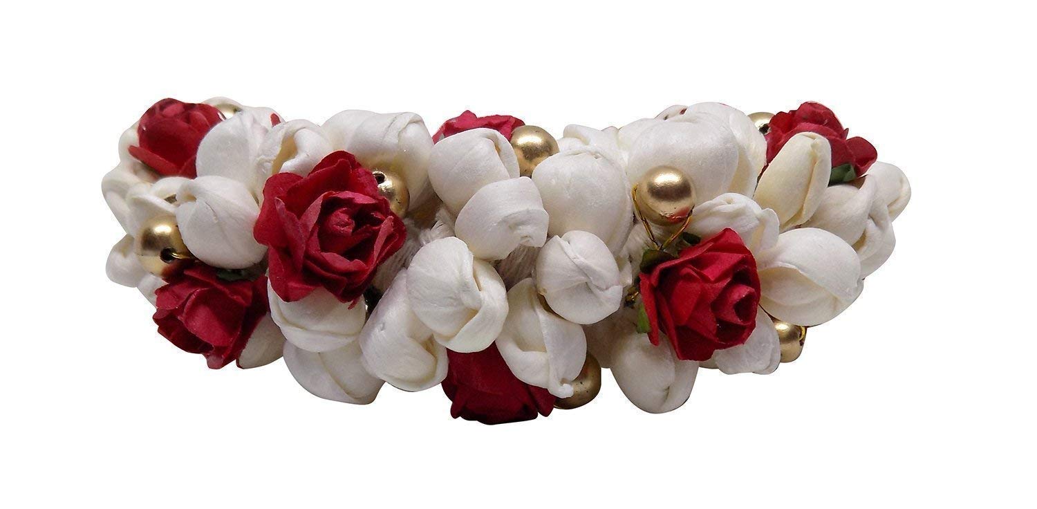 SIYAA Hair Bun Gajra Flower - Red & White Artificial Hair Jewelry for Women | Pack of 1 | Perfect for Weddings, Parties & Traditional Indian Hairstyles