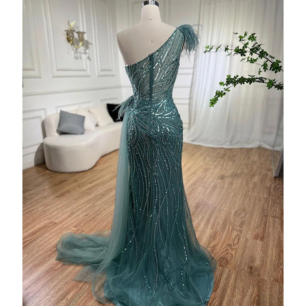 Serene Hill Turquoise Mermaid Evening Gown with High Split & Beaded Feather Skirt - Women's Sexy Party Dress 2025 (LA71955) | Perfect for Prom, Gala & Formal Events