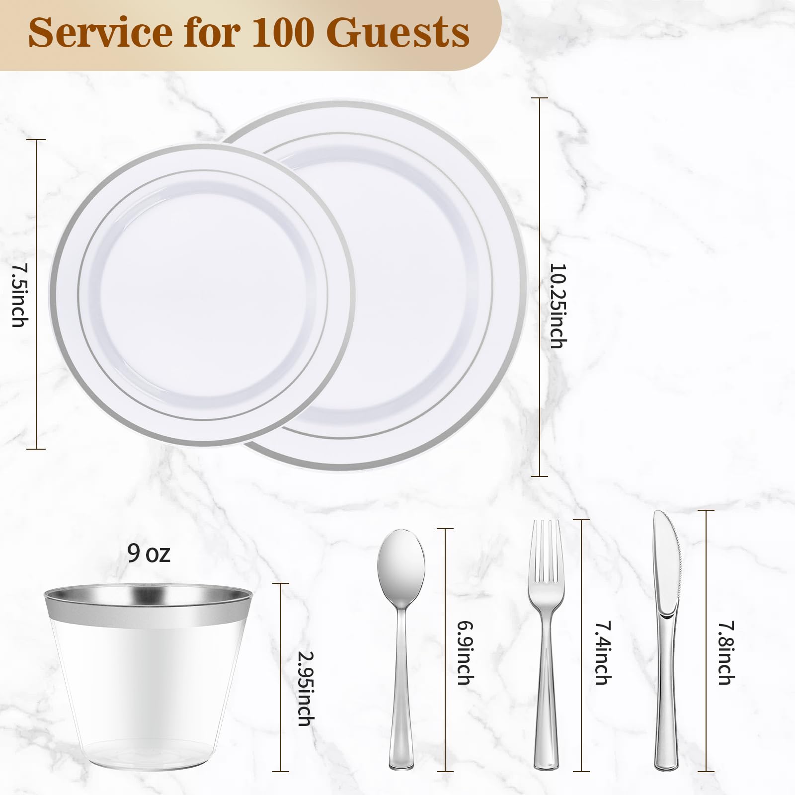 700-Piece Silver Plastic Dinnerware Set for 100 Guests - Includes 100 Dinner Plates, Dessert Plates, Silverware Sets, Cups & Napkins - Elegant Disposable Tableware for Weddings, Parties & Events