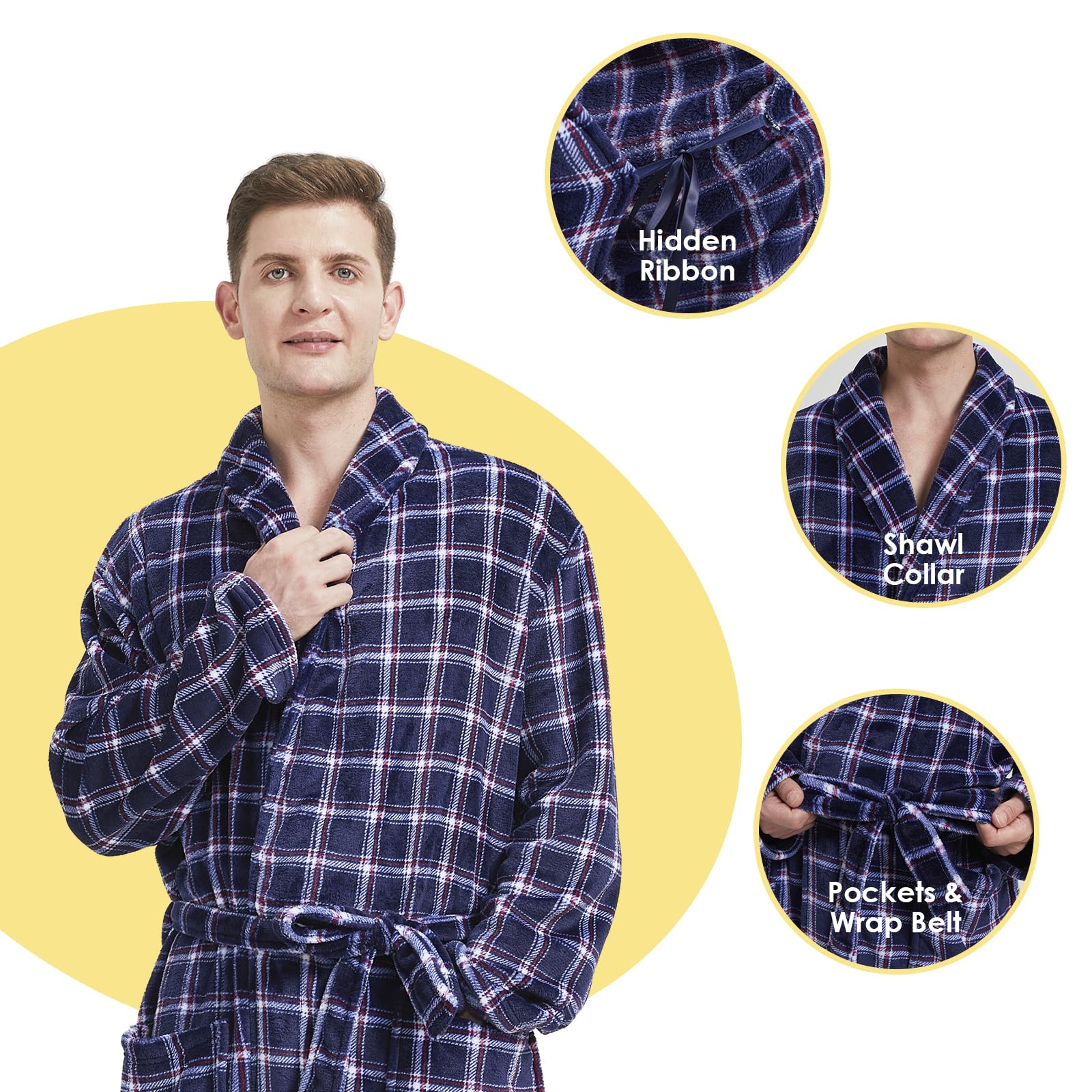 Men's Big & Tall Fleece Plush Bathrobe - Full Length Shawl Collar Plaid Robe for Men - Cozy Loungewear for Home, Spa & Relaxation