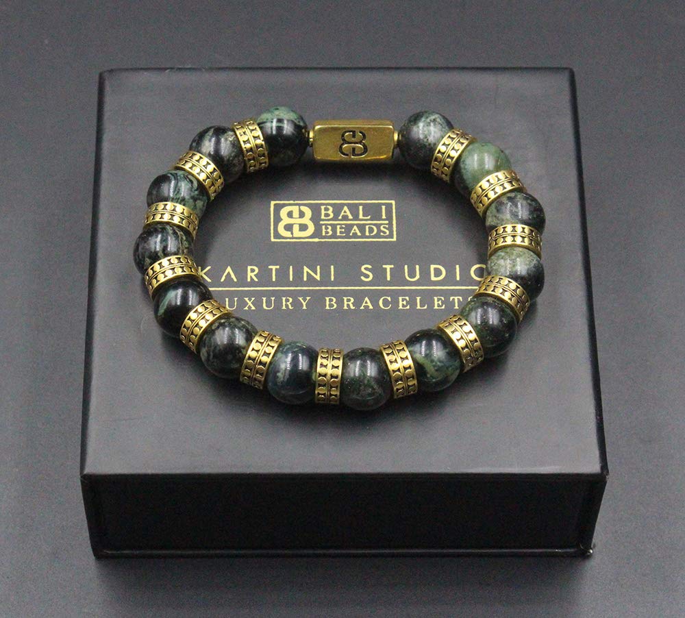 Premium Dark Green Nephrite Jade & Gold Beaded Bracelet for Men - 12mm High-Quality Beaded Jewelry - Perfect for Gifts, Meditation & Spiritual Healing