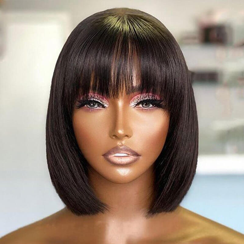Eullair Short Bob Wig with Layered Cut Bangs - Glueless Straight Human Hair Lace Closure Wig (4x4 & 5x5) - Perfect for Cosplay, Daily Wear & Fashion Styling