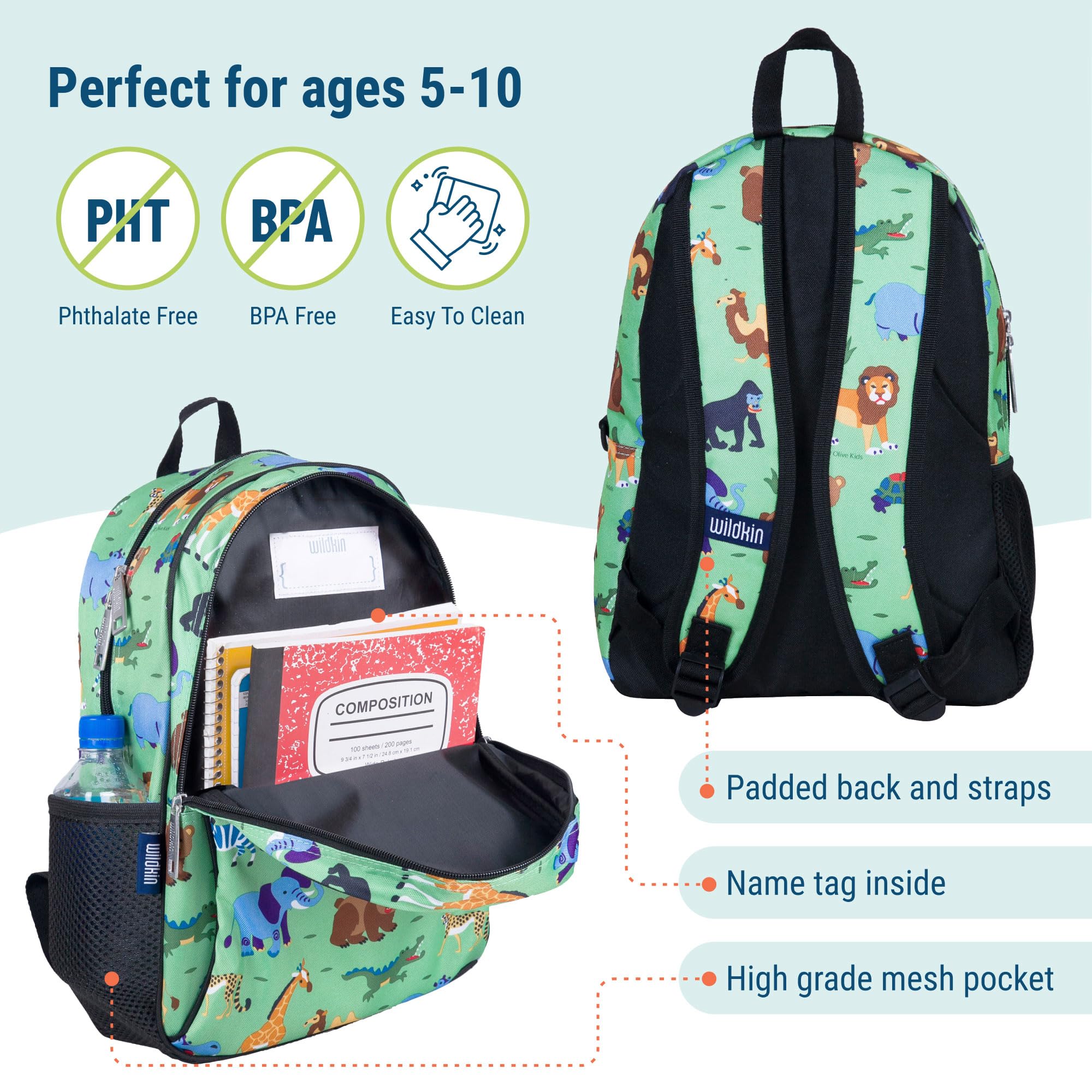 Wildkin 15-inch Kids Backpack for Boys & Girls - Durable Padded School Backpack with Adjustable Straps - Wild Animals Print - Perfect for School, Travel & Day Trips